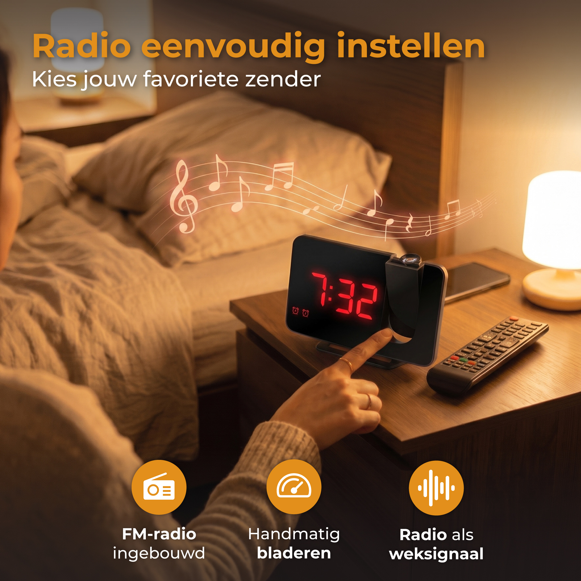 Een moderne projectiewekker toont 7:32. Een vinger raakt hem aan.