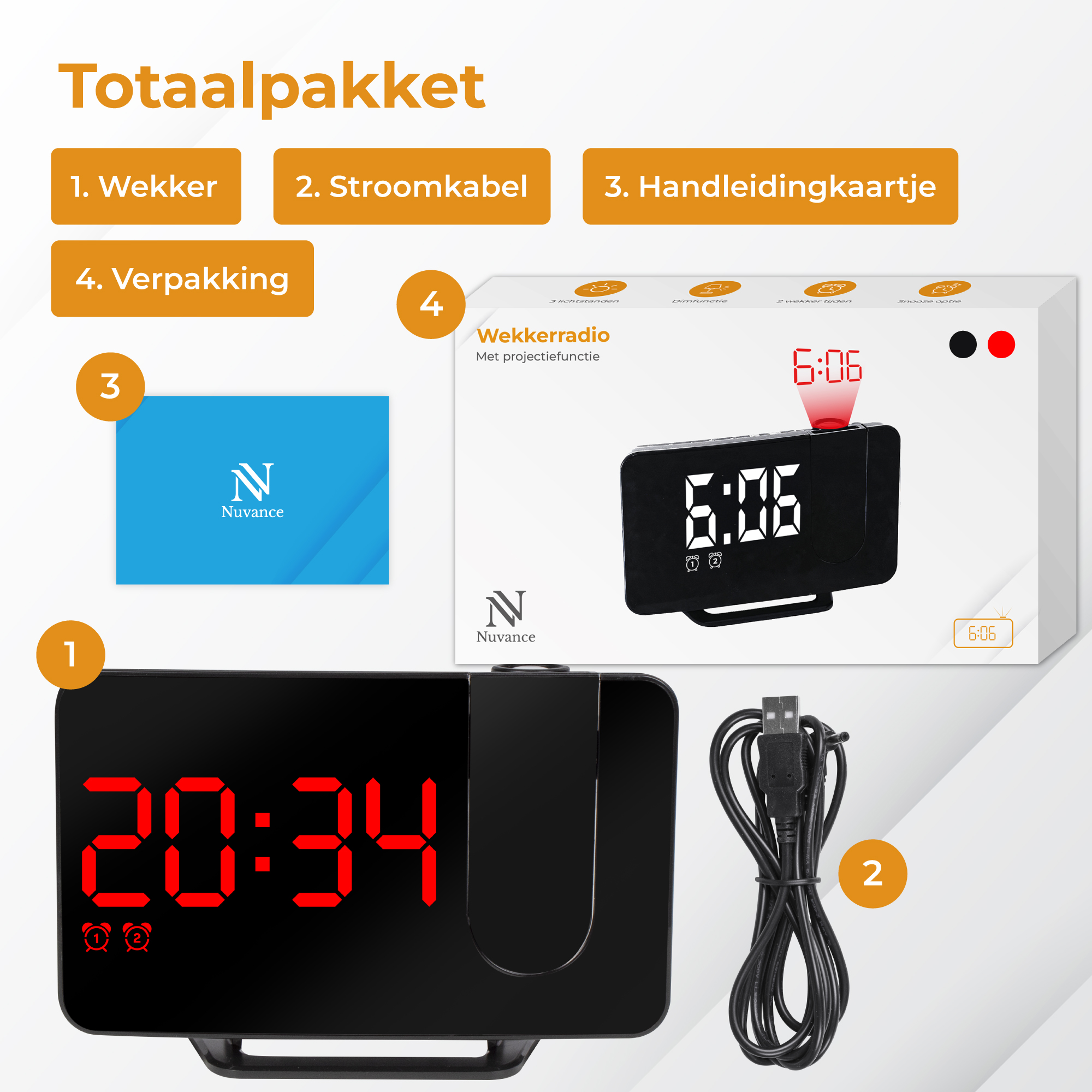 Digitale klok met projectie, kabel en kaart op witte achtergrond.