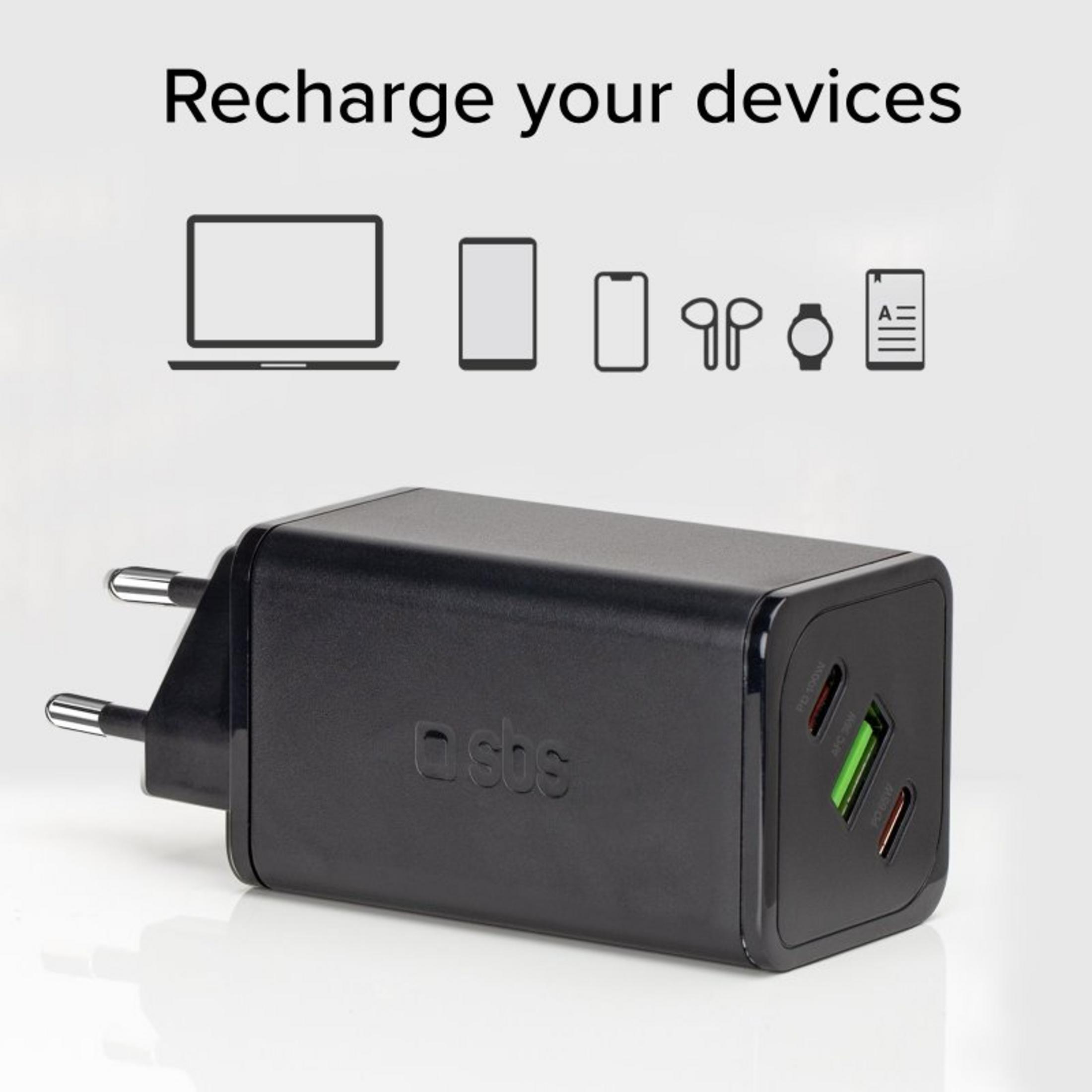 Caricatore nero multiport con spina europea. Laptop, tablet, telefoni, auricolari, orologi.