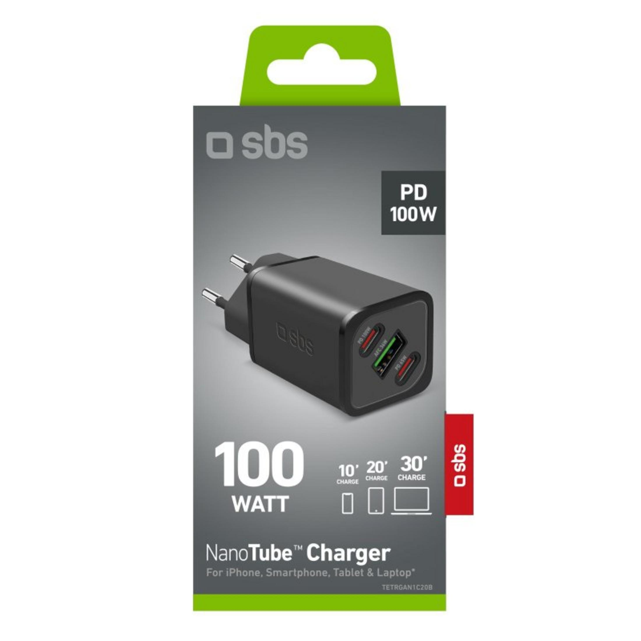 Scatola caricatore SBS 100W NanoTube con caricatore nero che mostra 3 porte.
