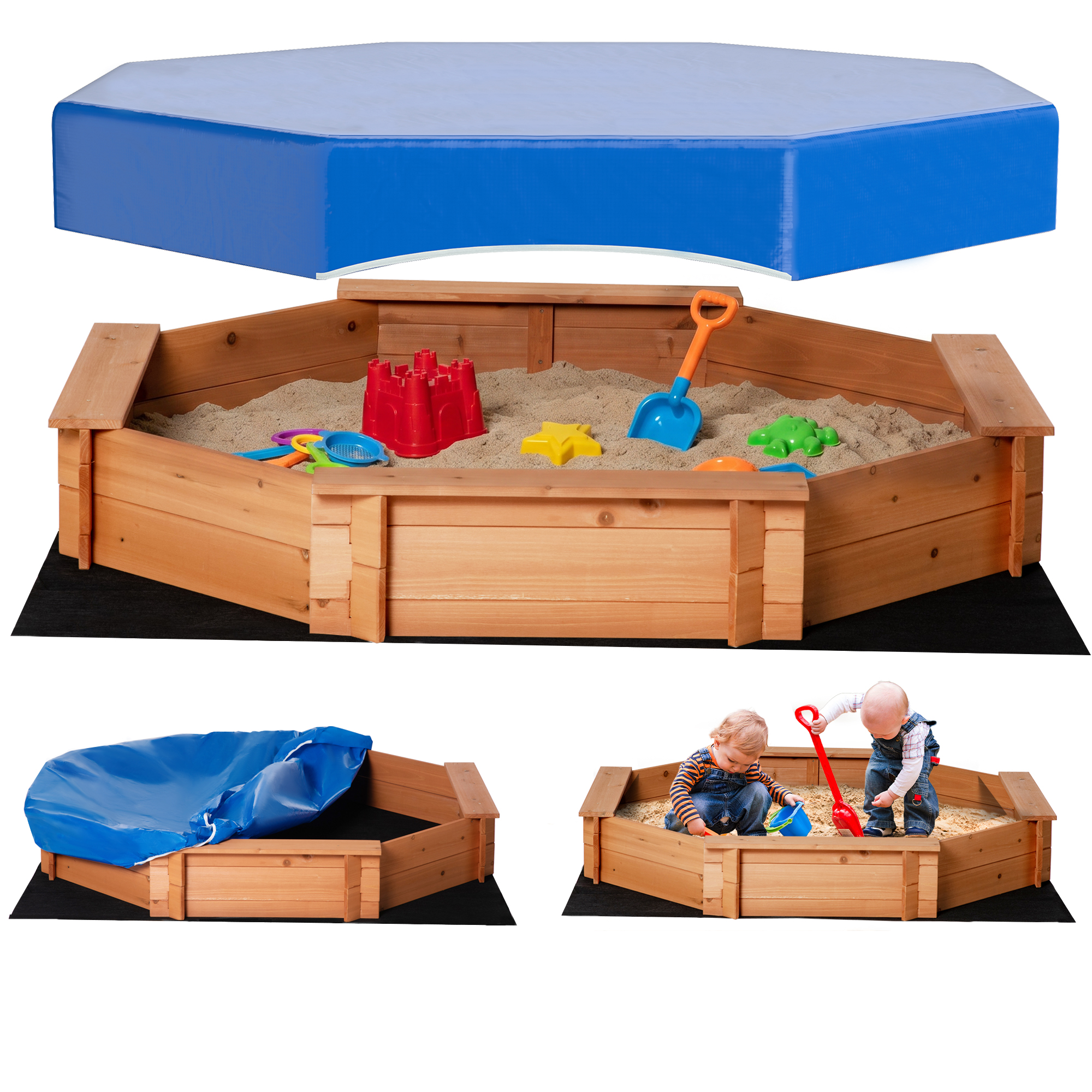 Sabbiera in legno con giocattoli e bambini, più una copertura blu.