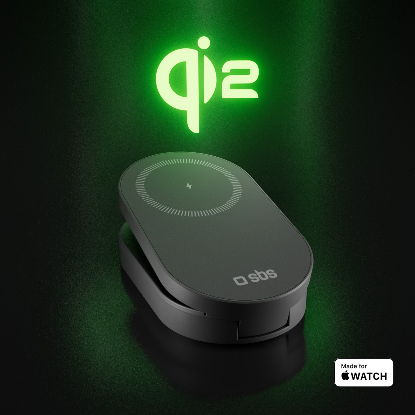Caricatore Qi2 nero con logo "Made for Apple Watch" su sfondo verde.