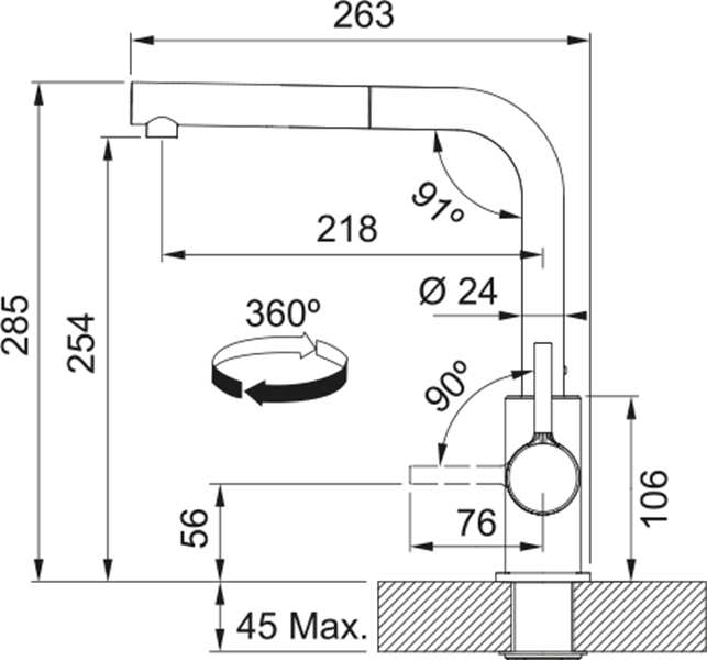 Teknik çizim bir musluk mm ölçülerinde. 360 derece dönme aralığı.