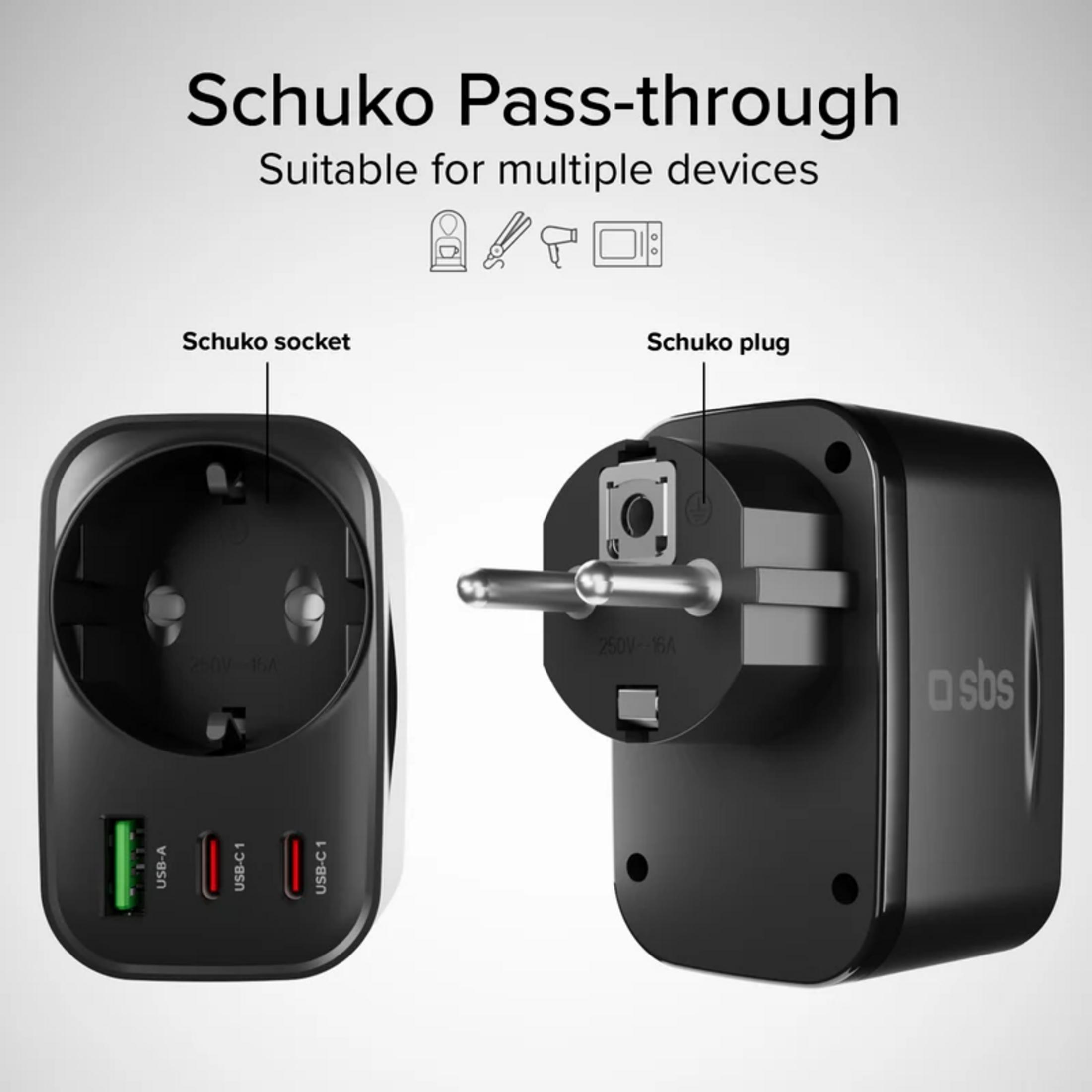 Una spina e una presa Schuko nere con porte USB-A e USB-C.