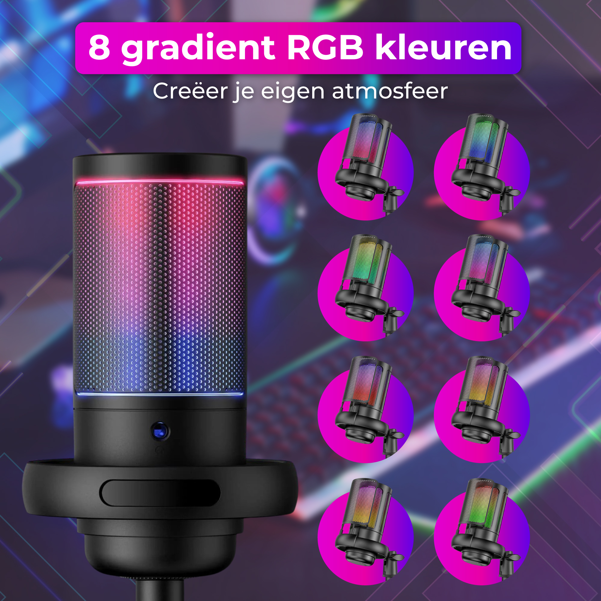 Een zwarte microfoon met RGB-verlichting op de voorgrond, met kleinere microfoons ernaast.