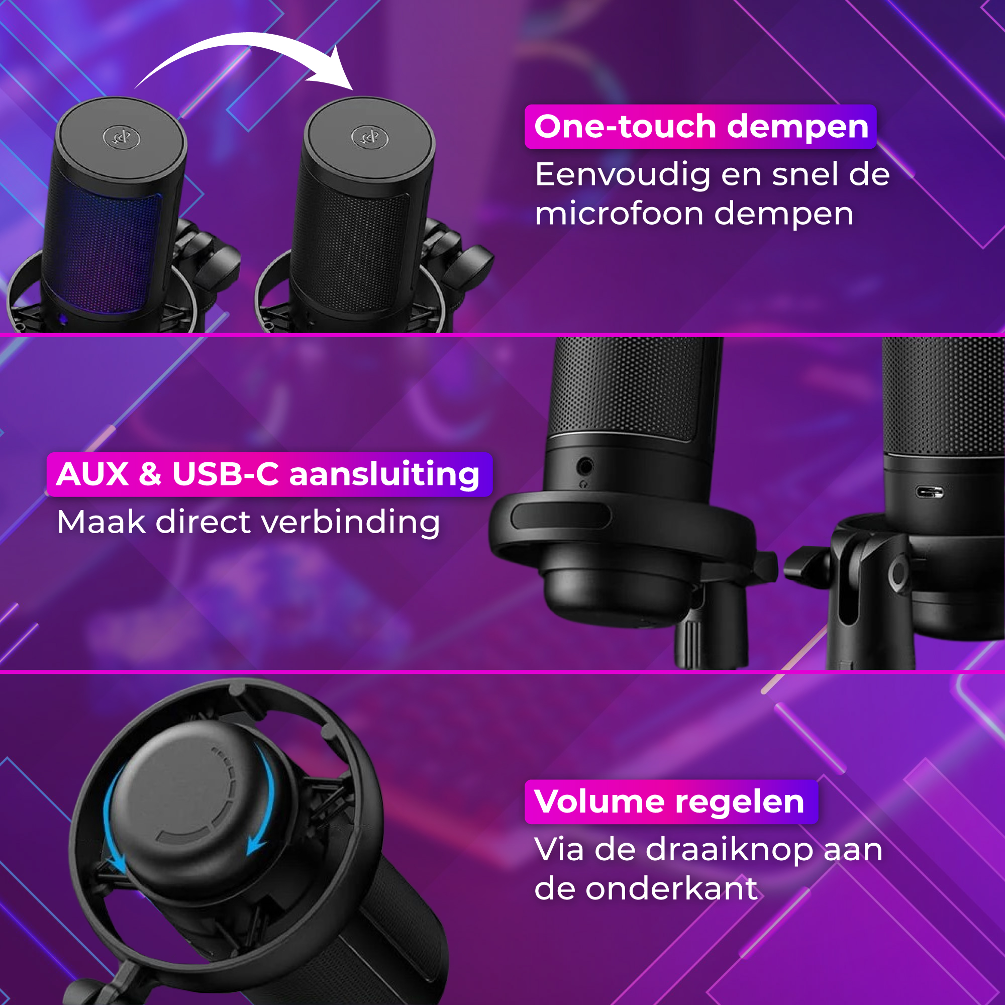 Drie microfoons: volumeregeling, USB-C-aansluiting en dempfunctie.
