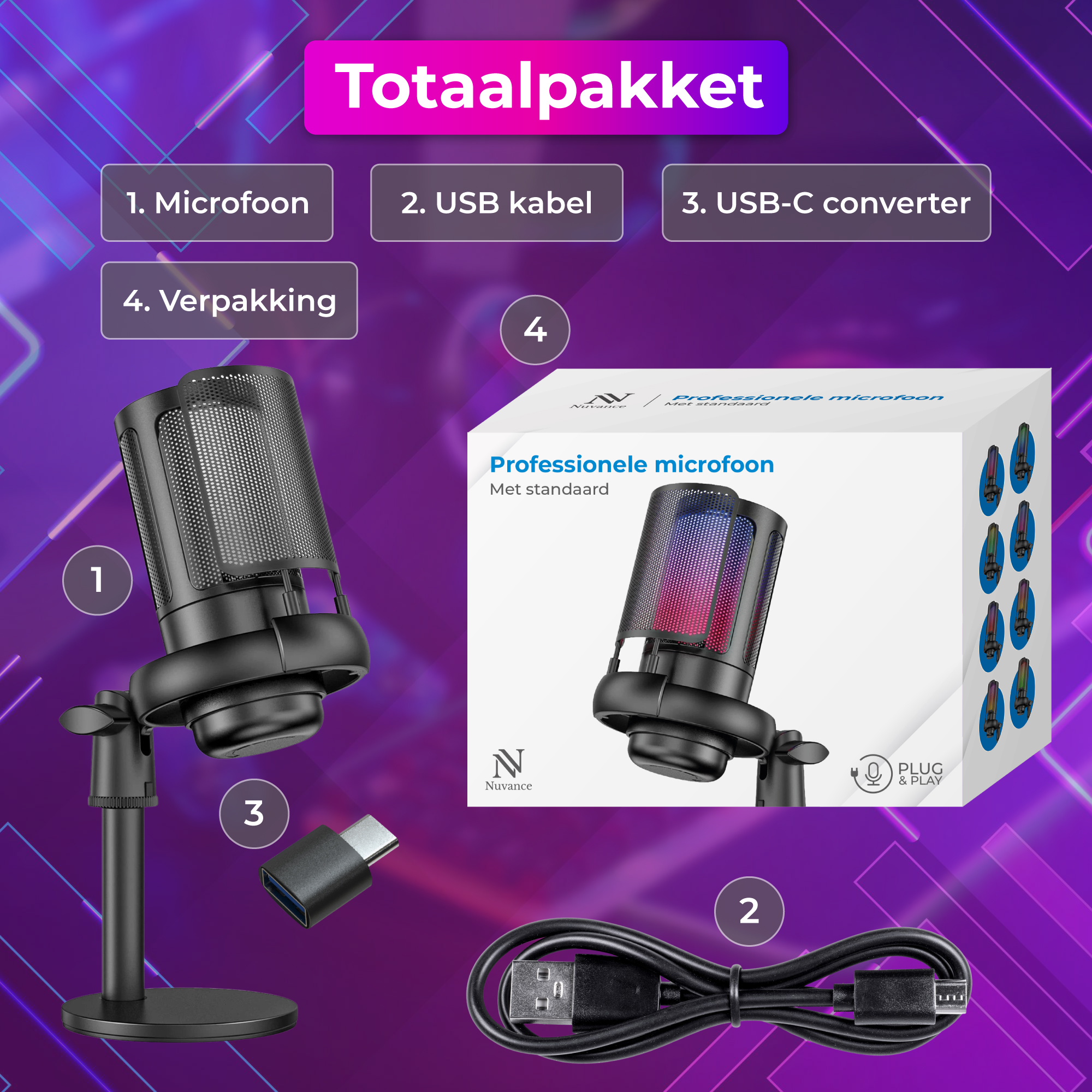 Een microfoon, USB-kabel, USB-C-adapter en verpakking worden getoond.