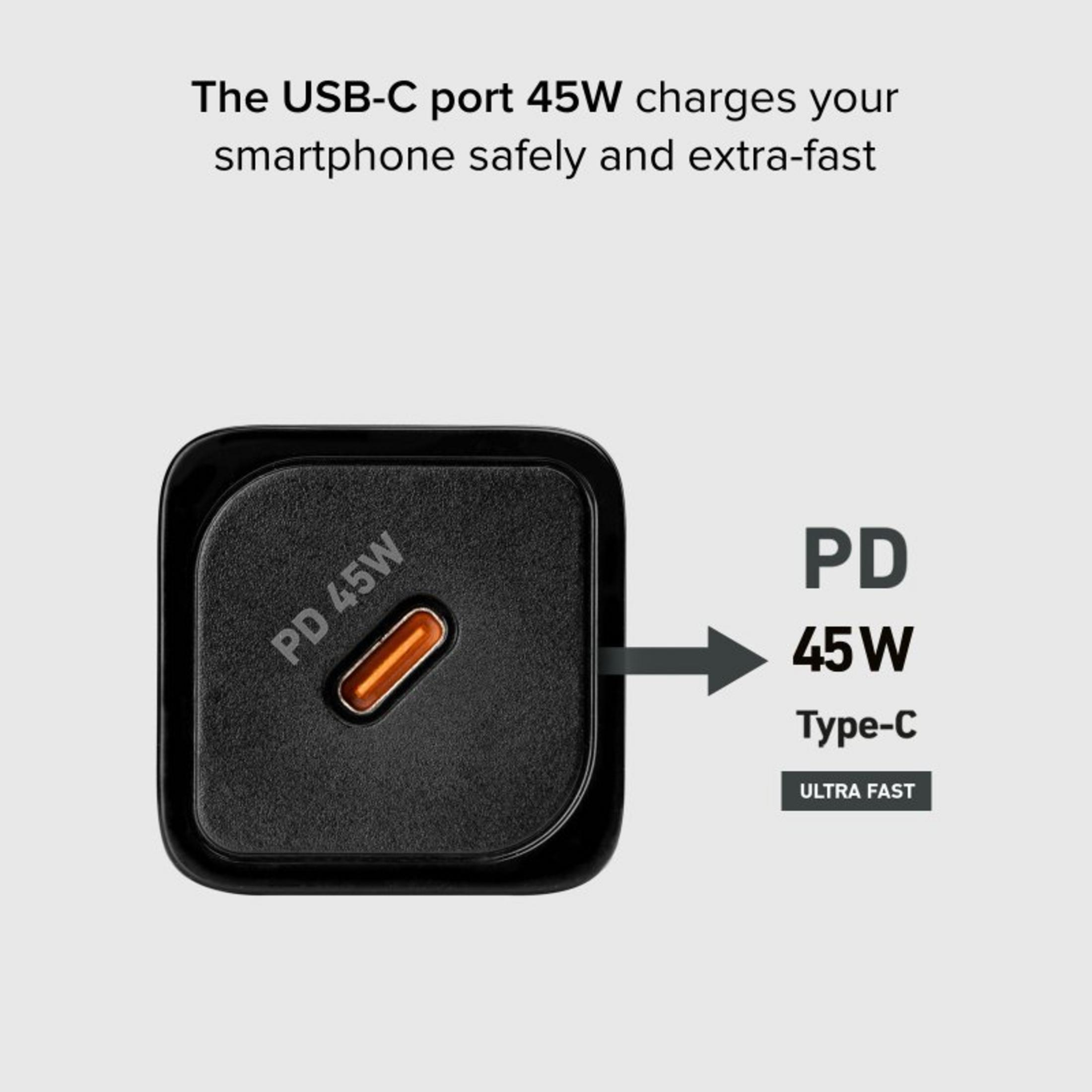 Caricatore USB-C nero con 45W PD ed etichetta "ULTRA FAST".