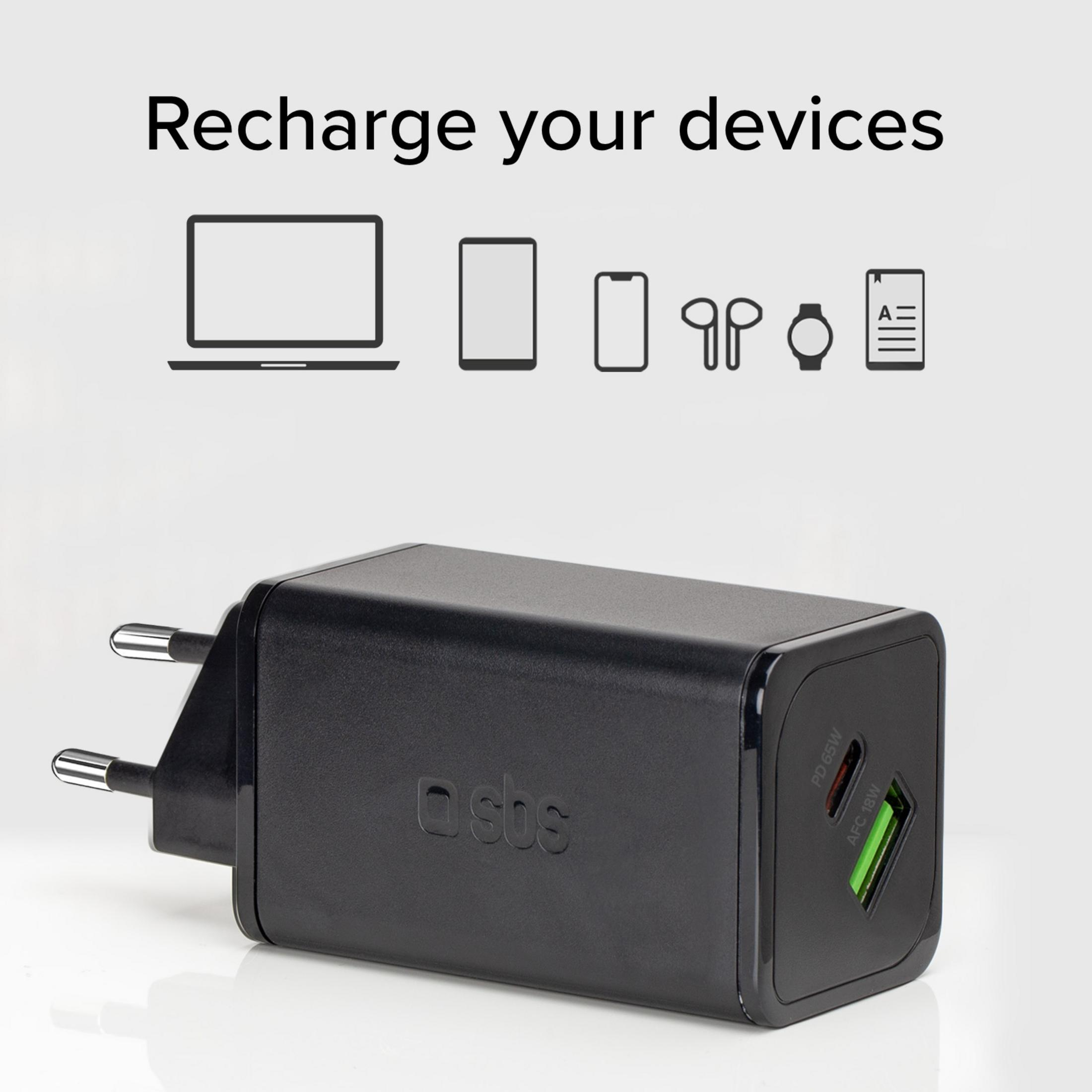 Un cargador negro con dos puertos USB y clavijas europeas.