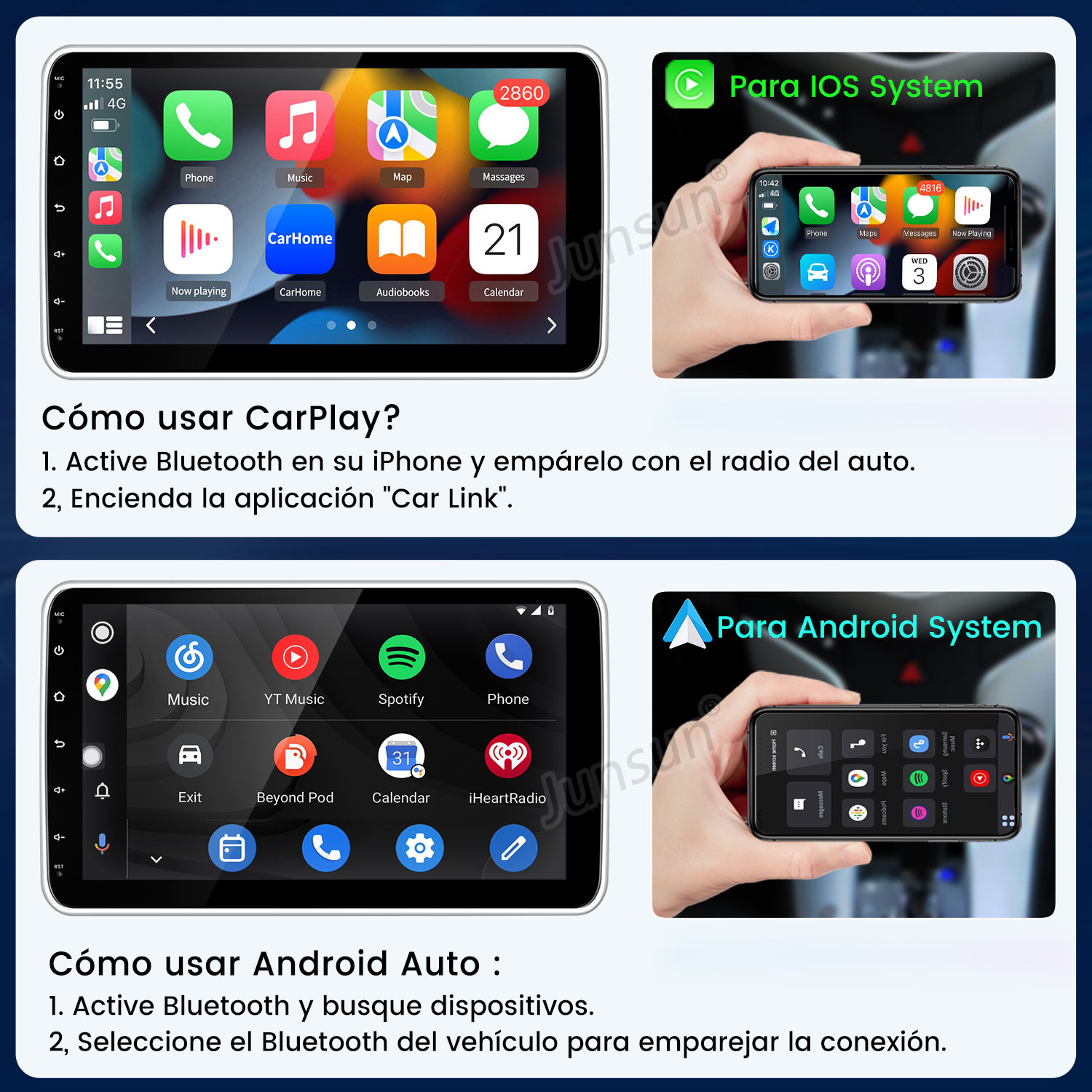 Sistemas CarPlay y Android Auto en pantallas de coche y teléfonos. Instrucciones.