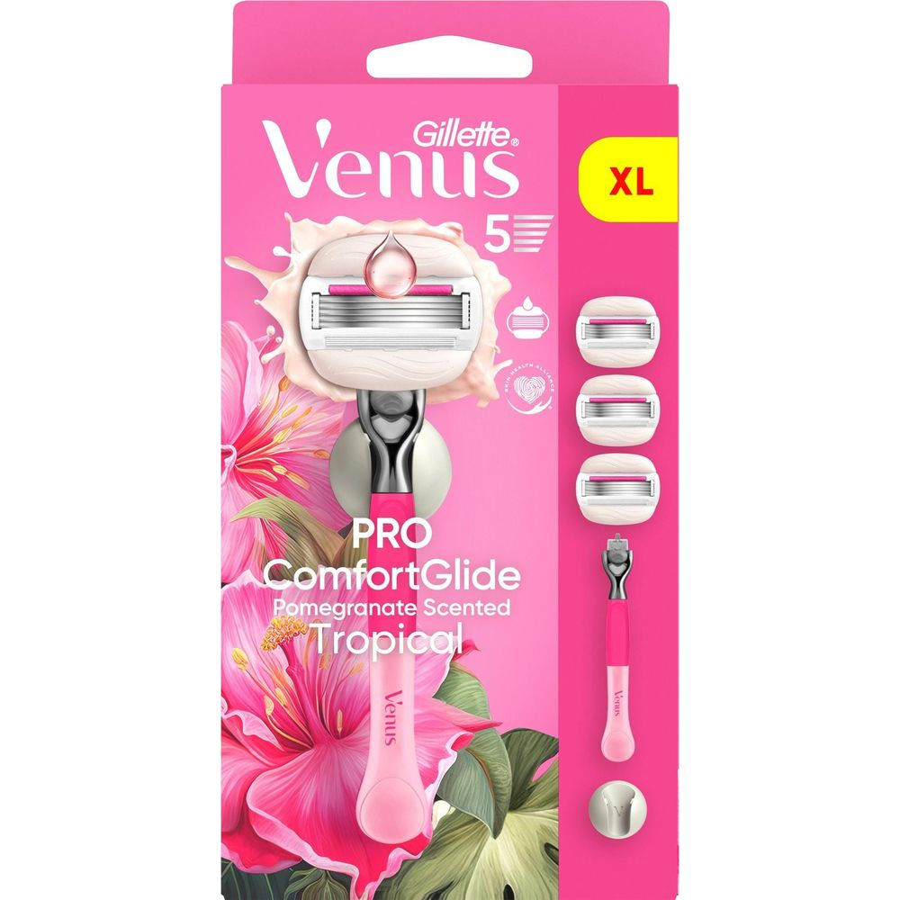 Rasoio Gillette Venus, rosa, con 5 lame e fiori tropicali.