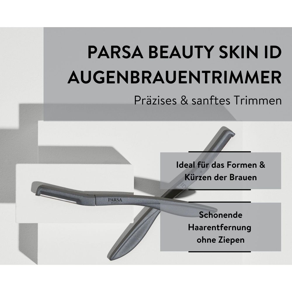 Grauer Augenbrauentrimmer von PARSA BEAUTY mit Text über präzises Trimmen.