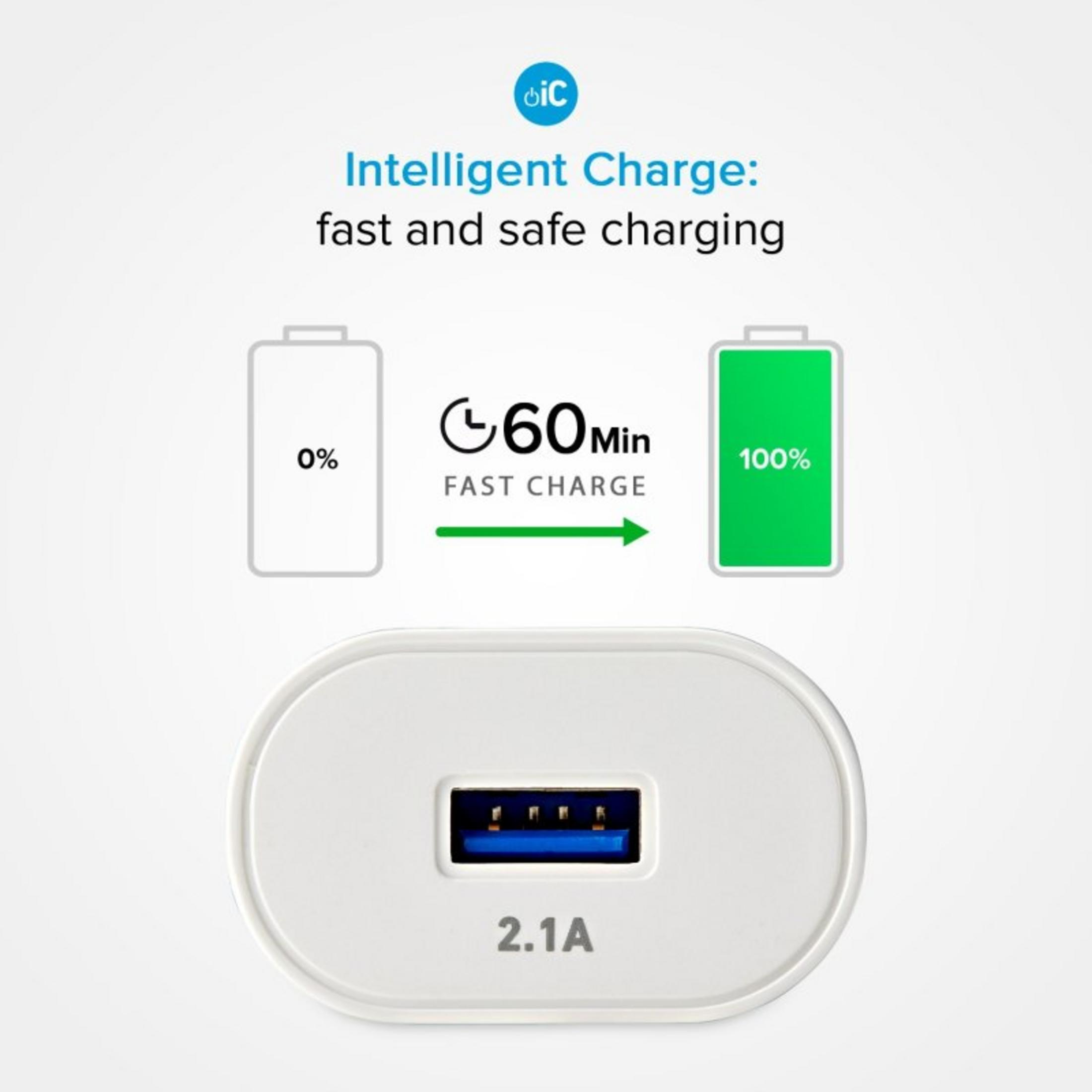 Un caricabatterie rapido bianco da 2,1A con porta USB blu. Mostra 0% a 100% in 60 min.