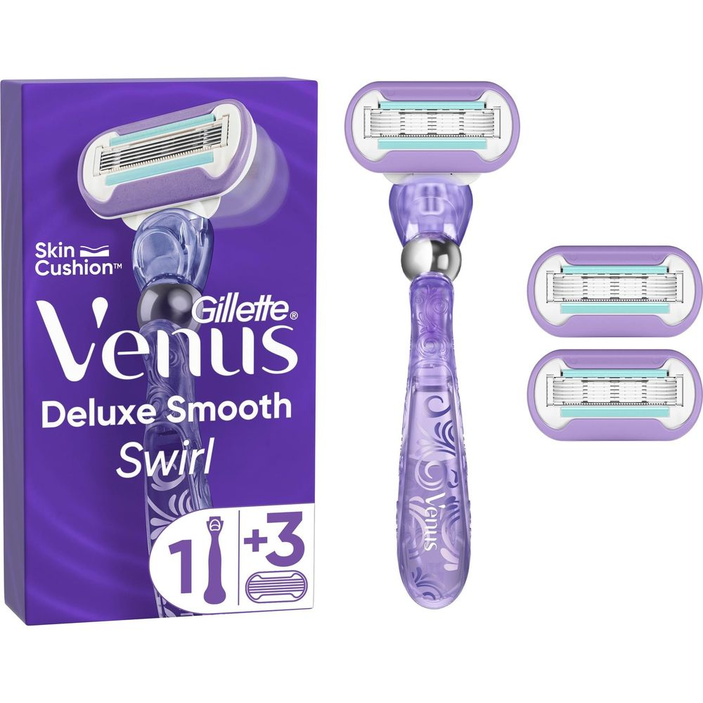 Lila Gillette Venus Deluxe Smooth Swirl Rasierer mit Ersatzklingen.