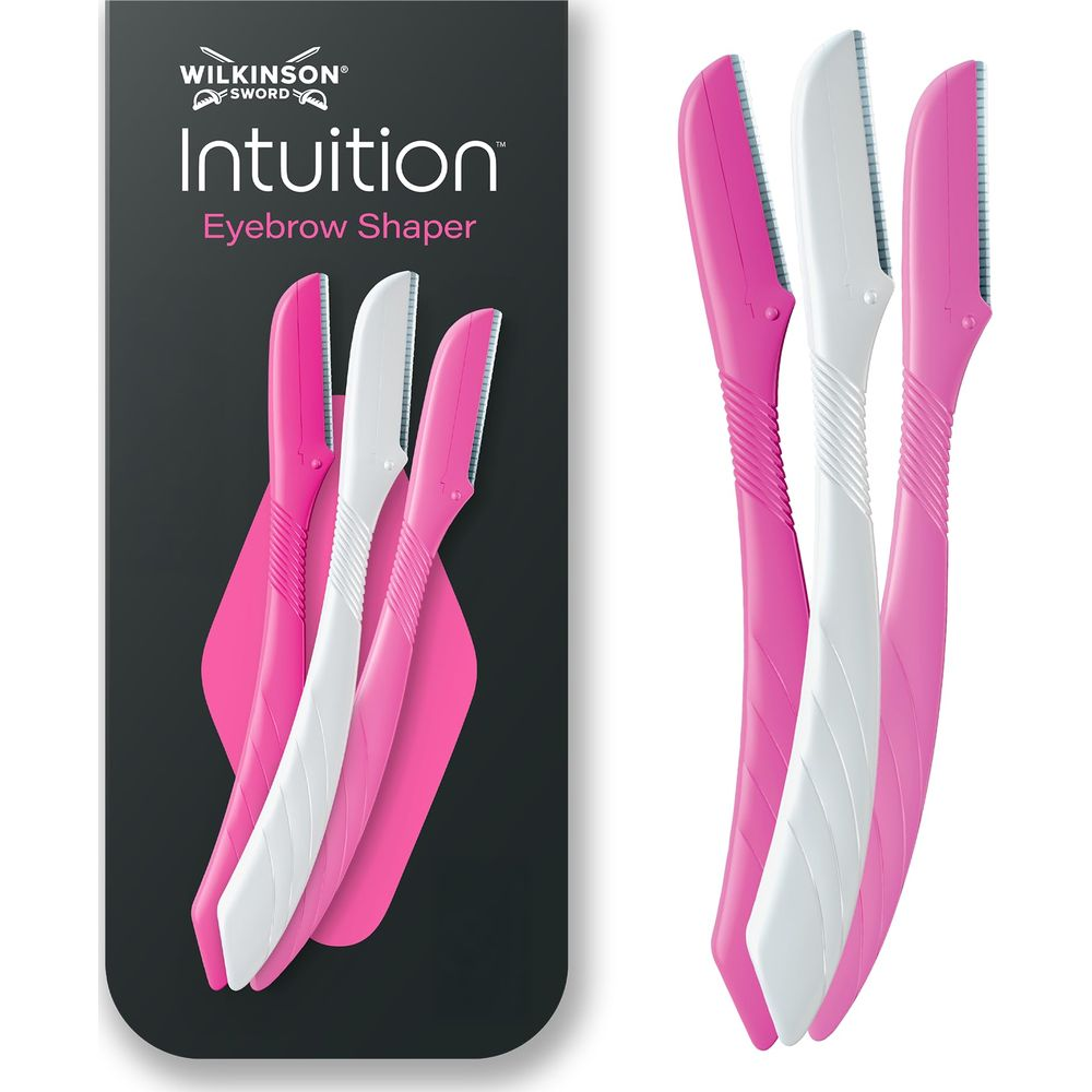 Tre rifinitore per sopracciglia Wilkinson Sword Intuition, due rosa, uno bianco.