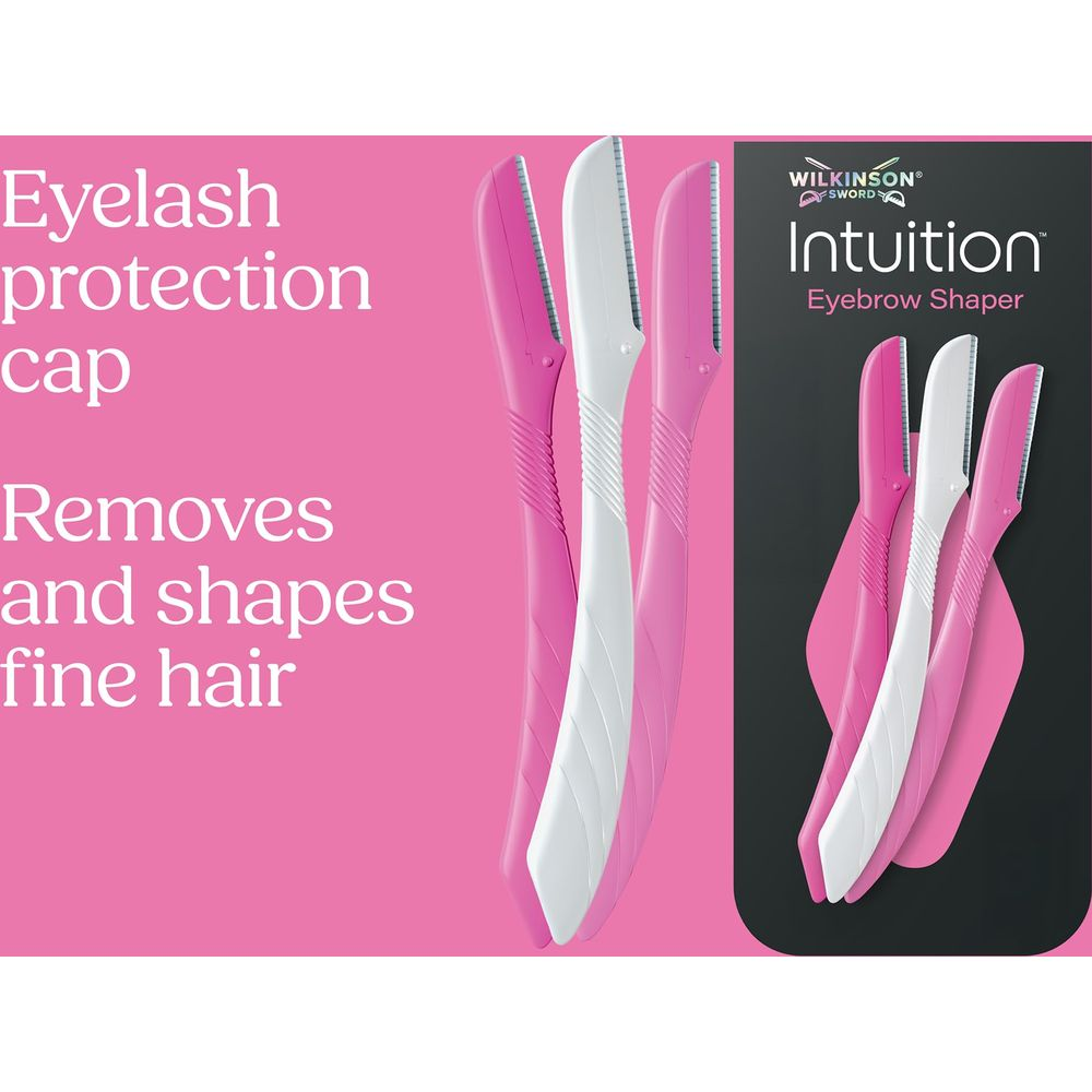 Tre rifinitori per sopracciglia Wilkinson Sword Intuition, due bianchi, uno rosa, su supporto rosa.