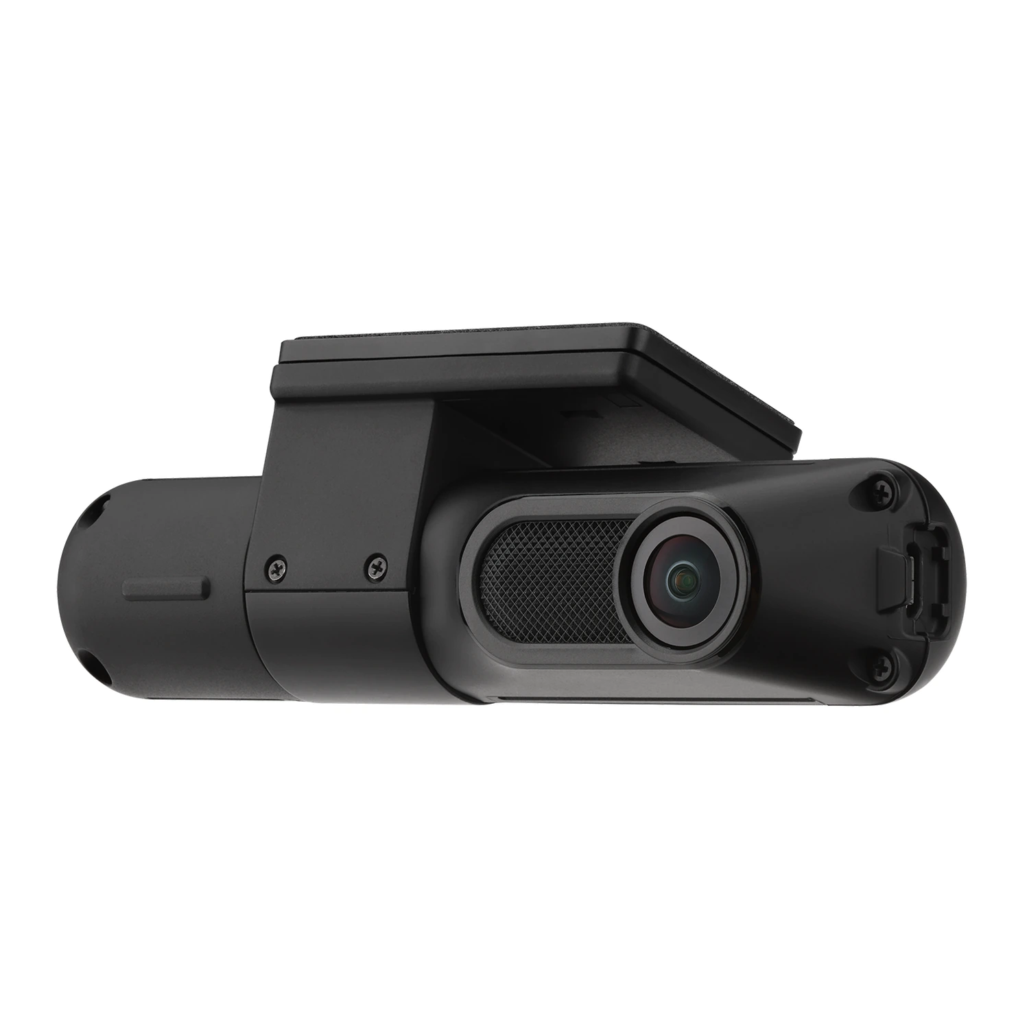 Un dispositivo dashcam nero con obiettivo e griglia su sfondo bianco.