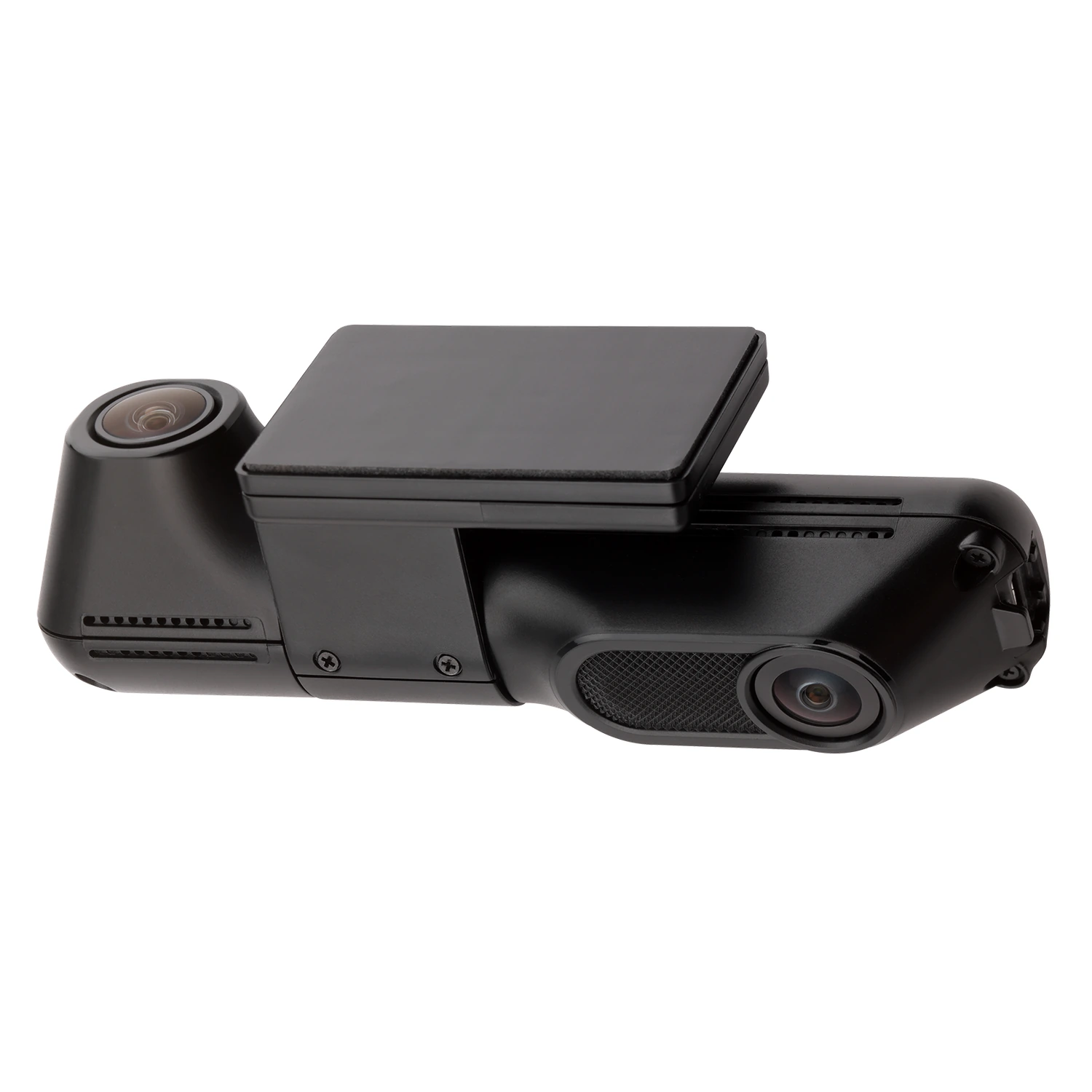 Una dash cam per auto nera con due obiettivi su sfondo bianco.