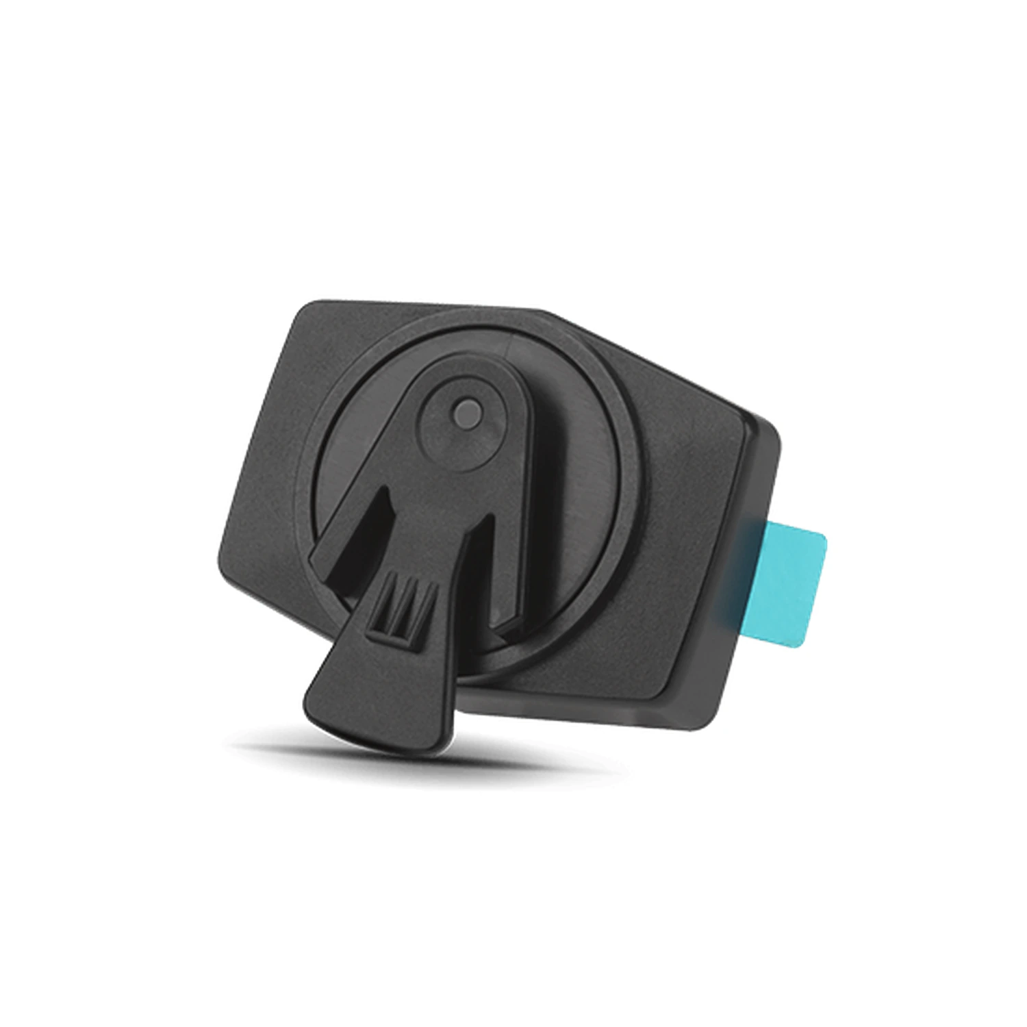 Clip in plastica nera con design di uccello stilizzato e striscia adesiva blu.