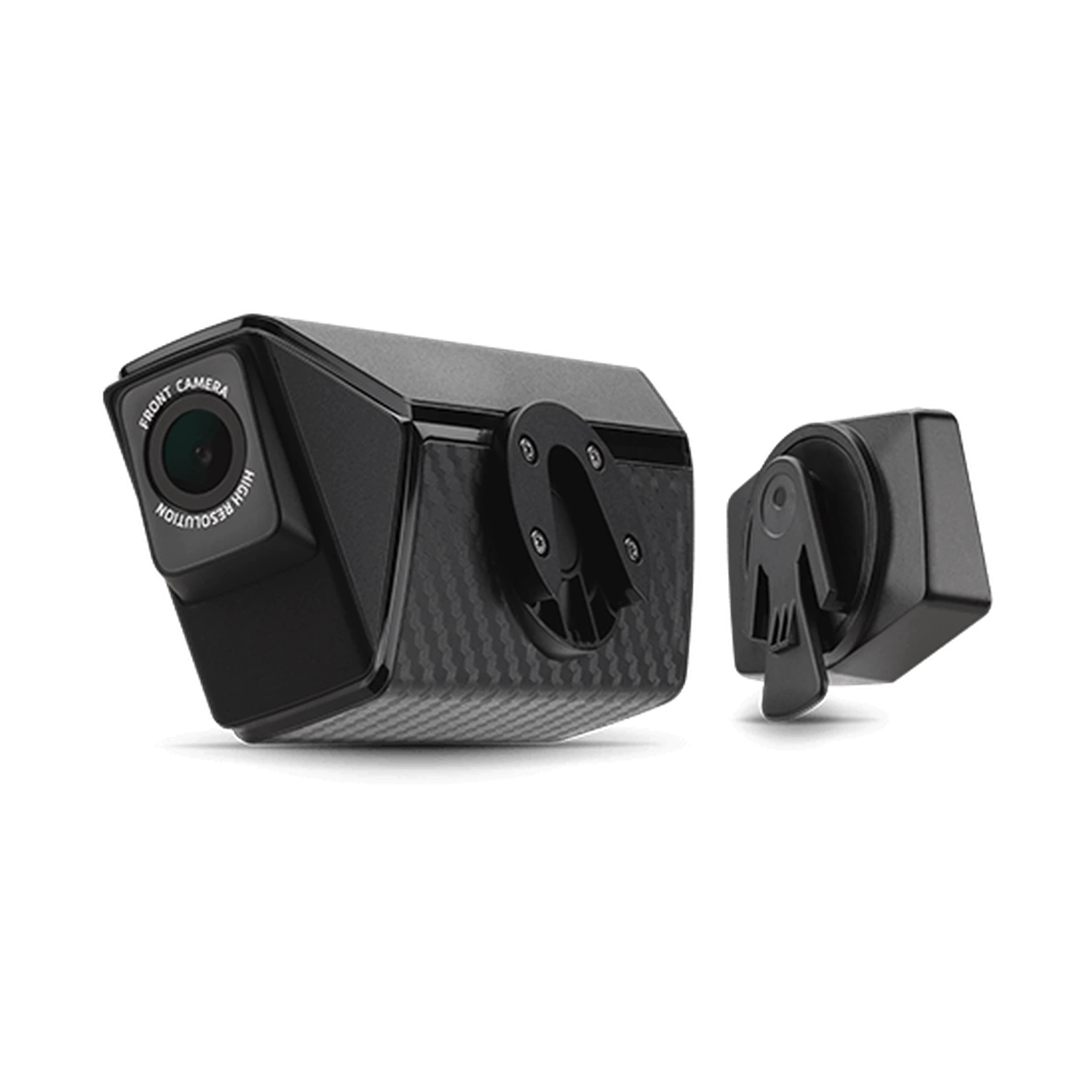 Telecamera auto nera con motivo carbonio e supporto, su sfondo bianco.