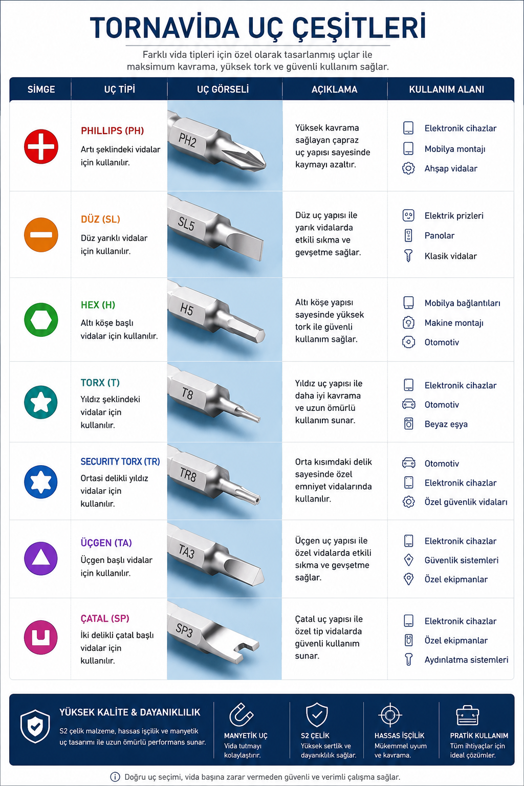 Tornavida uçları tablosu: Yıldız, Düz, Altıgen, Torx, Güvenlikli Torx, Üçgen, Çatal.