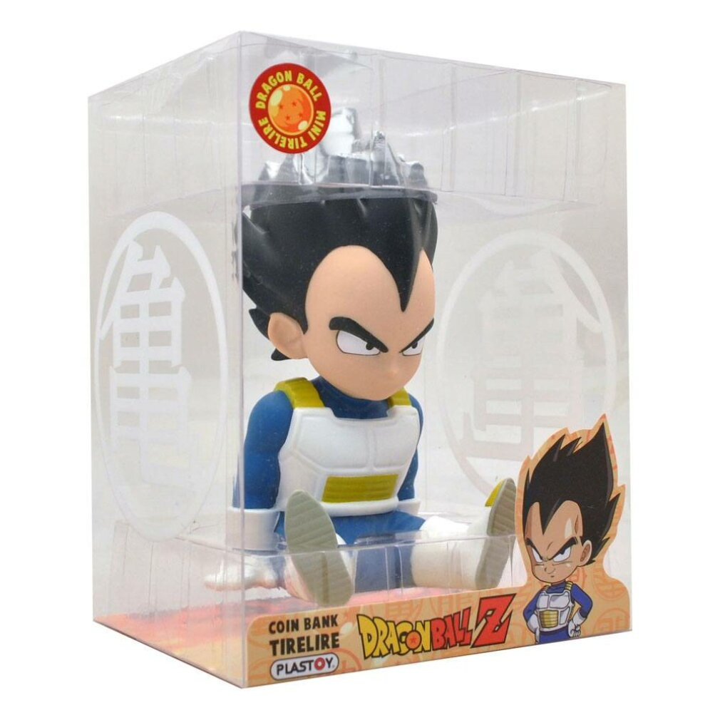 Una figura de alcancía de Vegeta de Dragon Ball Z en caja transparente con gráfico.