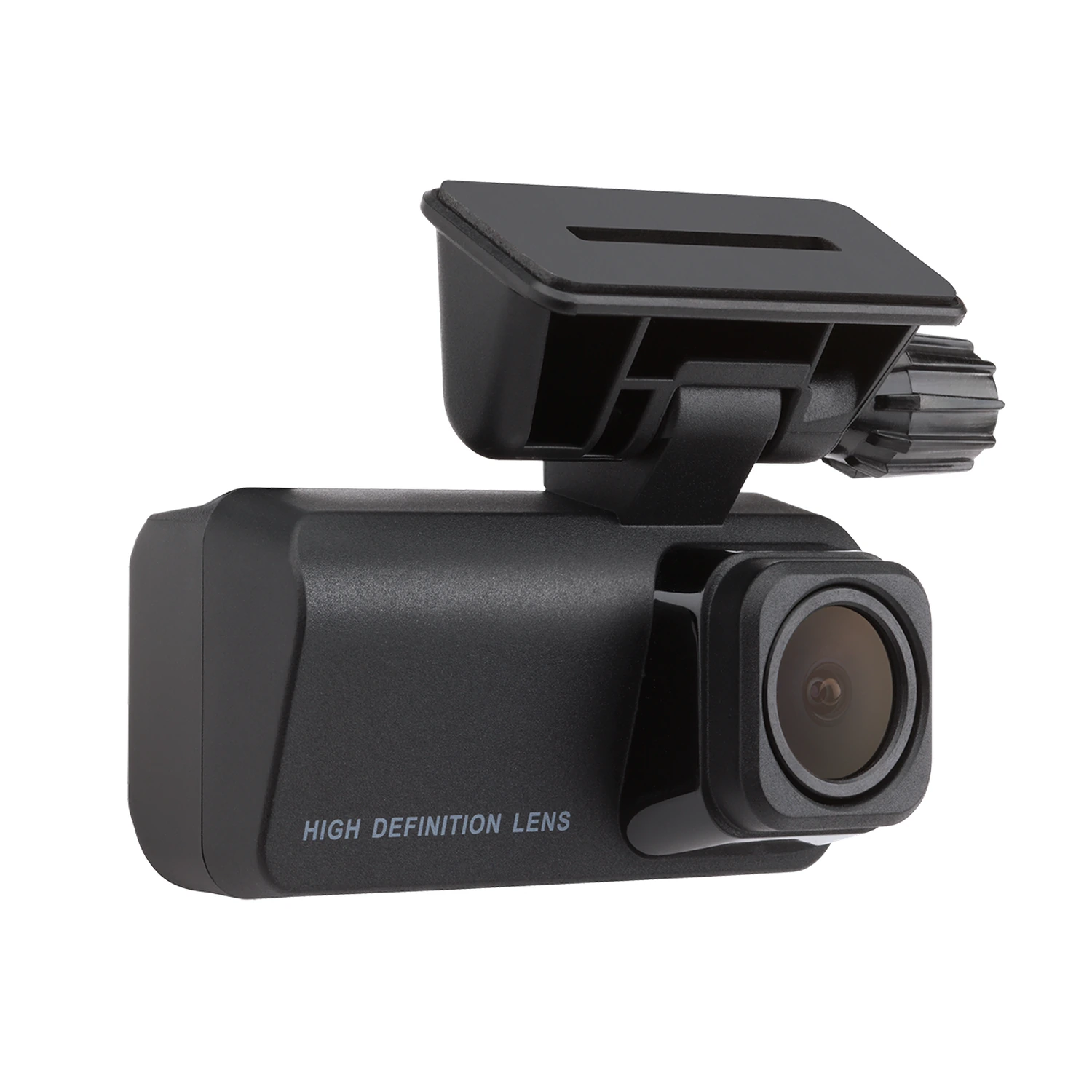 Dashcam nera con lente ad alta definizione e braccio regolabile.