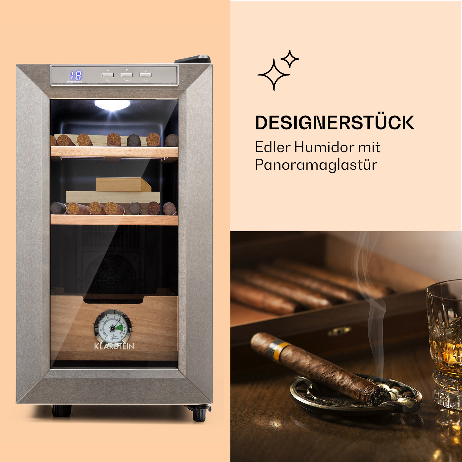 Humidor con puros, vaso de whisky y un puro encendido en una mesa.