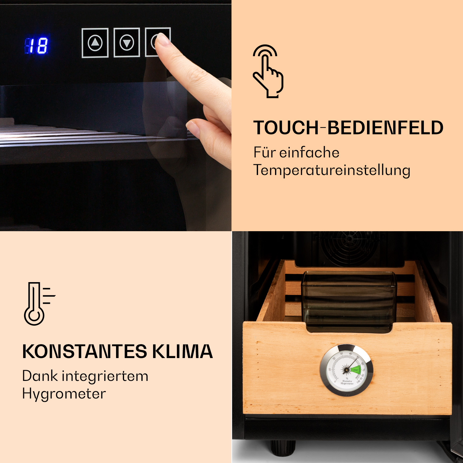 Panel táctil con pantalla de temperatura, higrómetro y cámara de madera.