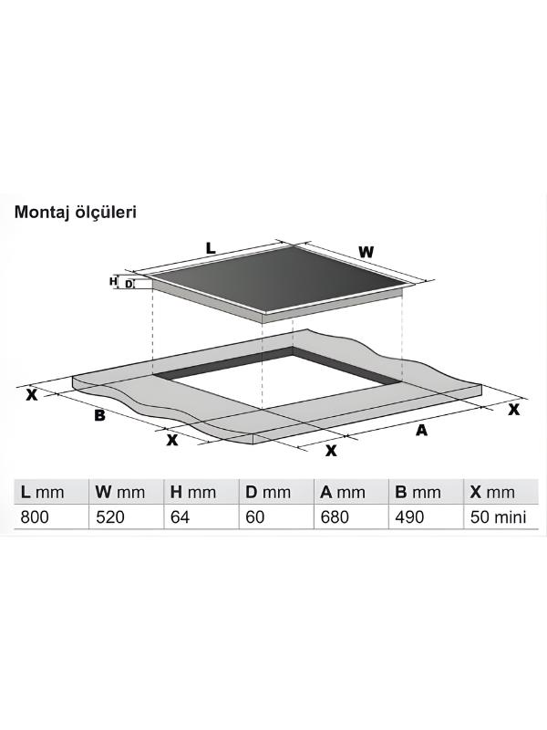 Ocak montaj ve ölçü çizimi L 800mm, W 520mm, H 64mm, D 60mm.