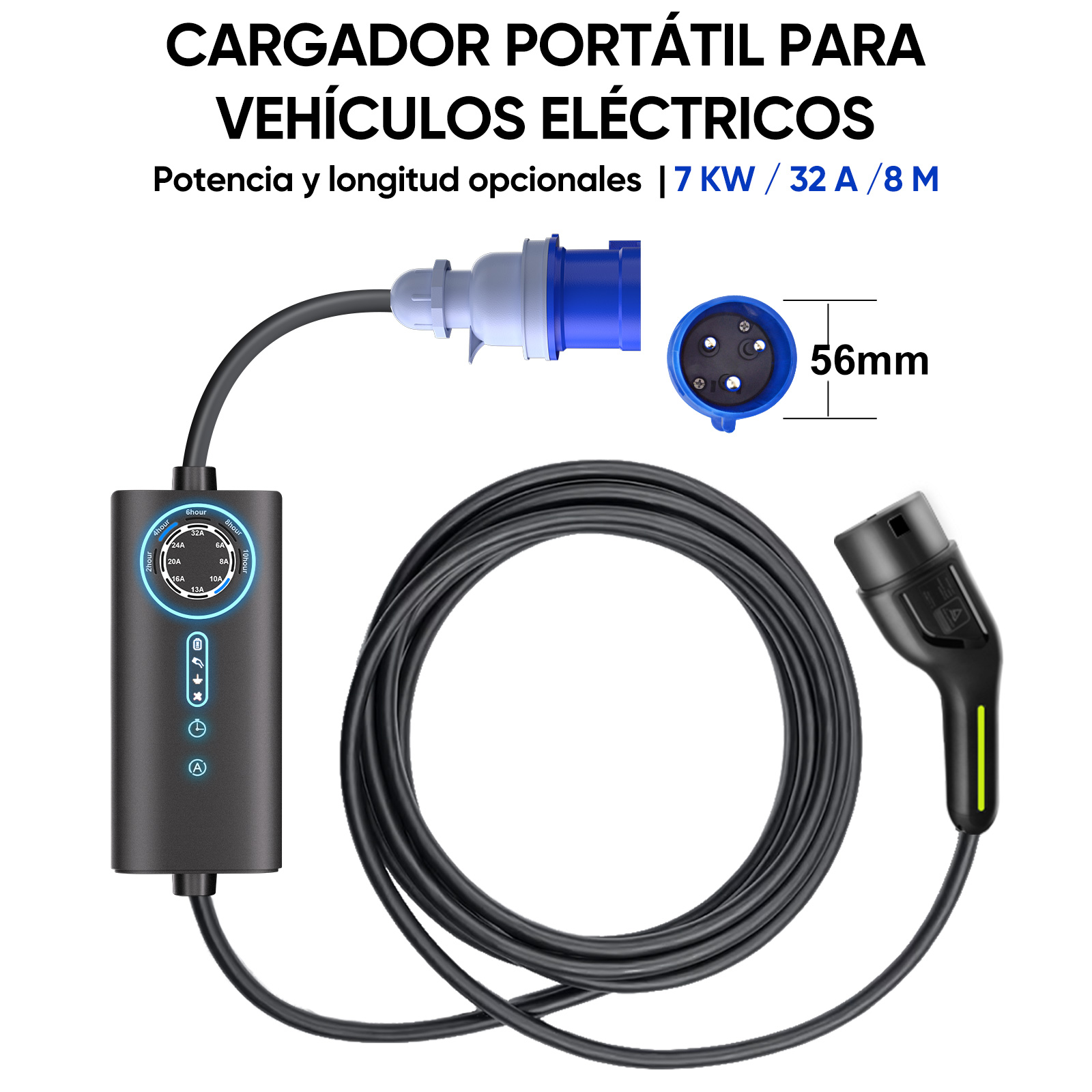 Cargador portátil para VE, 7 kW, 32 A, cable de 8 m y enchufe azul.