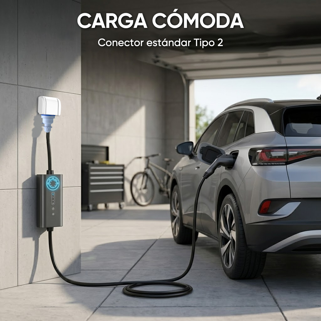Un coche eléctrico enchufado a un punto de carga en un garaje. Un cable de carga en el suelo.