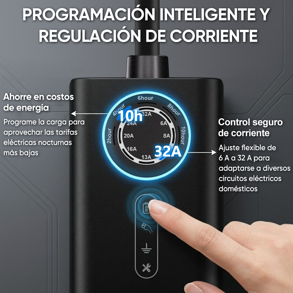 Un dispositivo negro muestra ajustes digitales de corriente y horas. Un dedo presiona un botón.