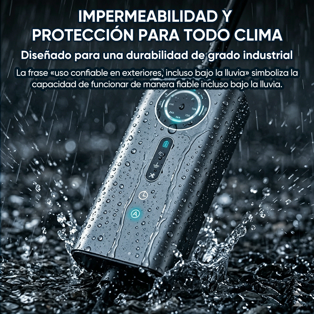 Un objeto oscuro y mojado con luces y símbolos bajo la lluvia.