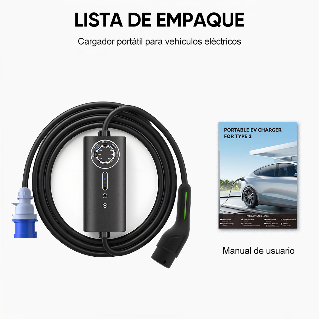 Cargador portátil para vehículos eléctricos negro con enchufe azul.