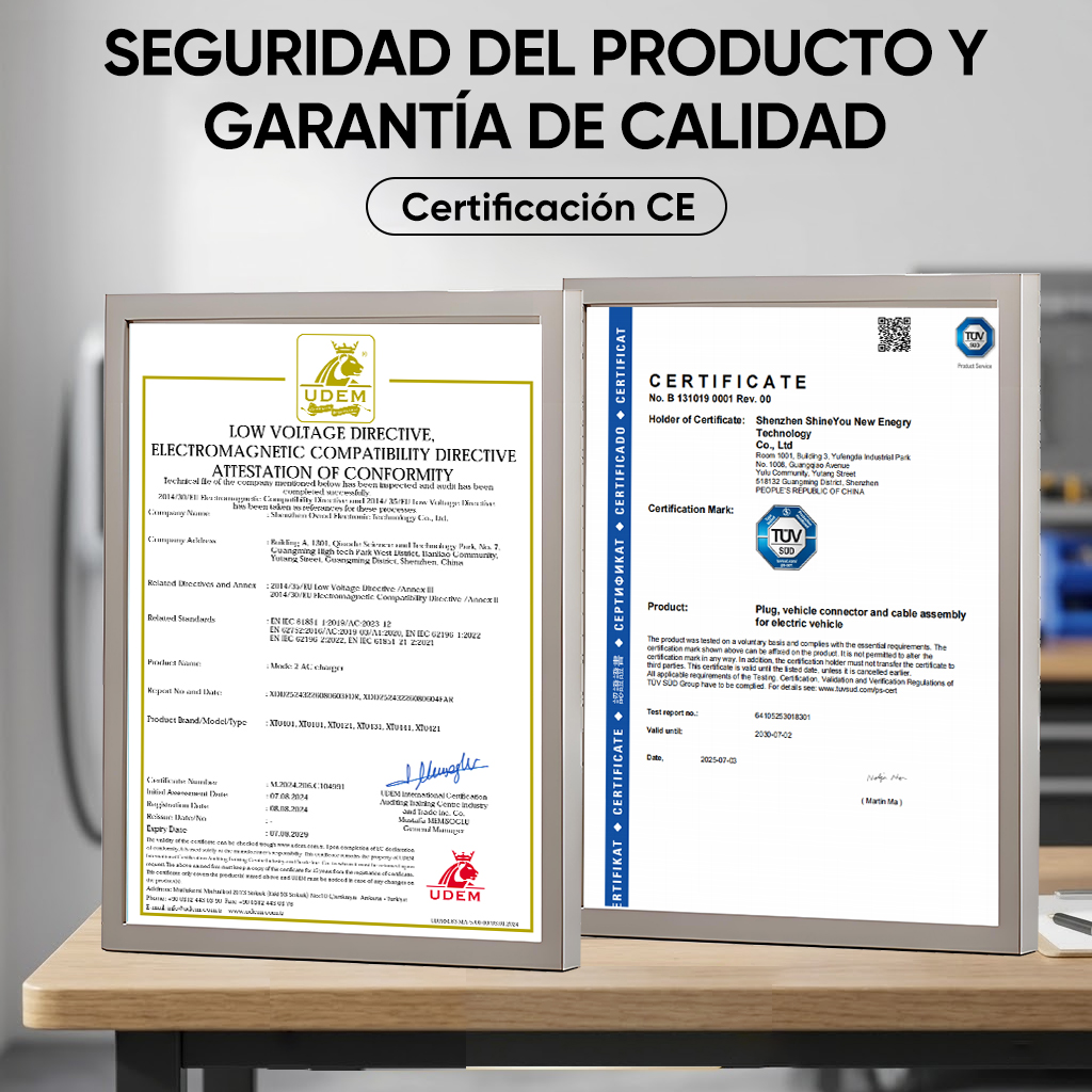 Dos certificados: UDEM y TUV SUD para un cable de vehículo eléctrico.