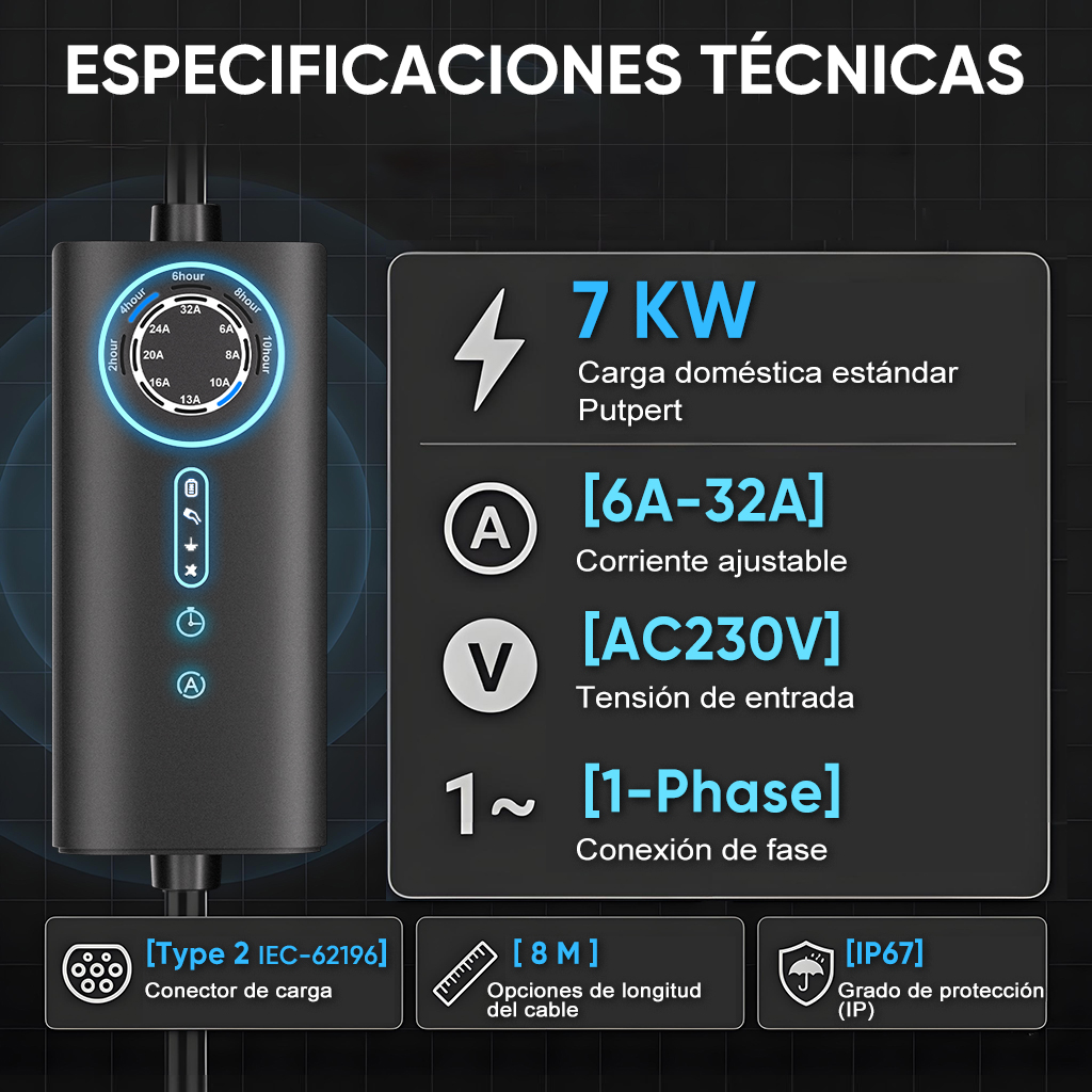 Especificaciones técnicas de un cable de carga: 7 KW, 6A-32A, AC230V, 1-Fase, Tipo 2.