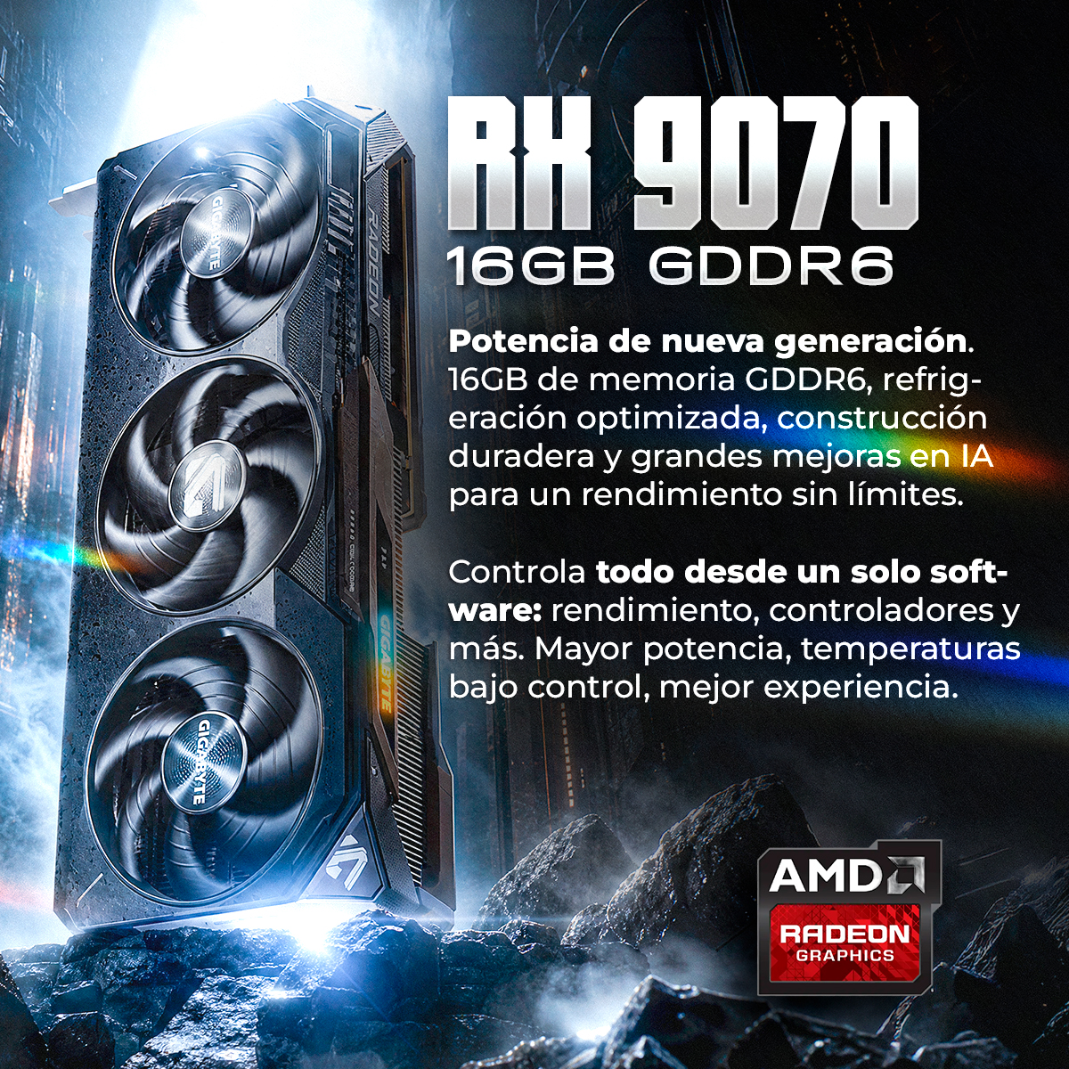 Scheda grafica RX 9070, 16GB GDDR6, tripla ventola, su rocce.