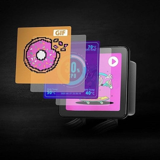 Una pantalla muestra un donut animado, datos del sistema y un personaje de patineta.