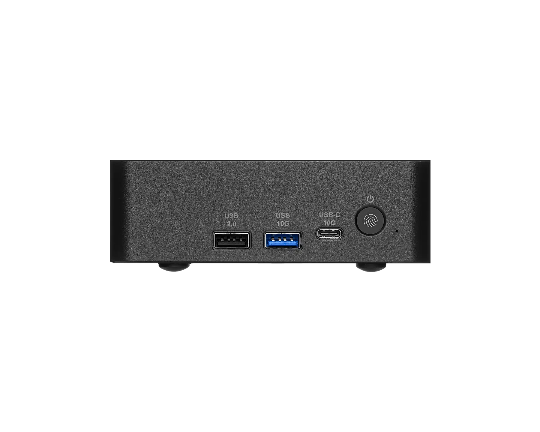 Dispositivo nero con porte USB 2.0, USB 10G, USB-C 10G e pulsante di accensione.