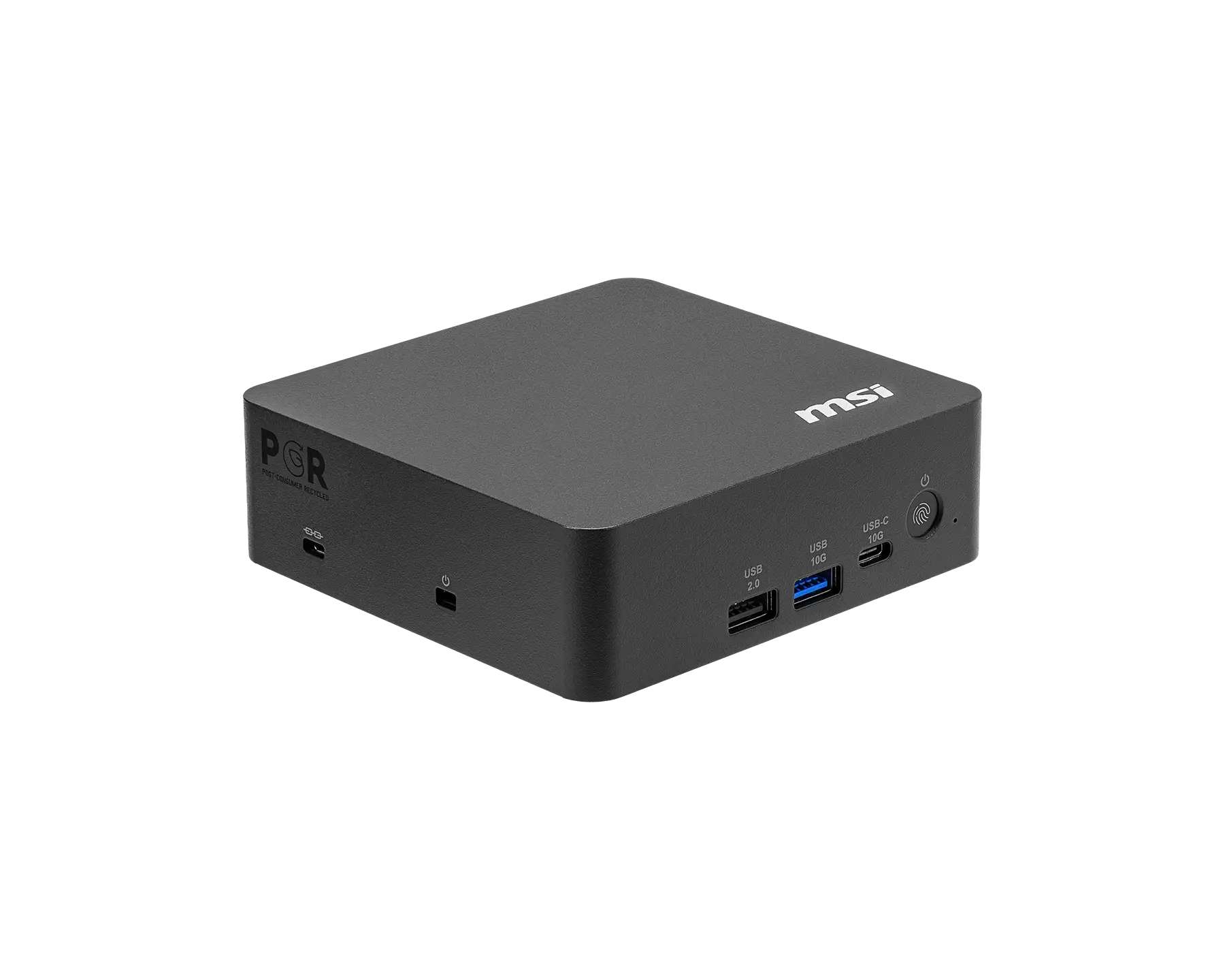 Un mini PC grigio con logo MSI e porte. Il lato sinistro ha 