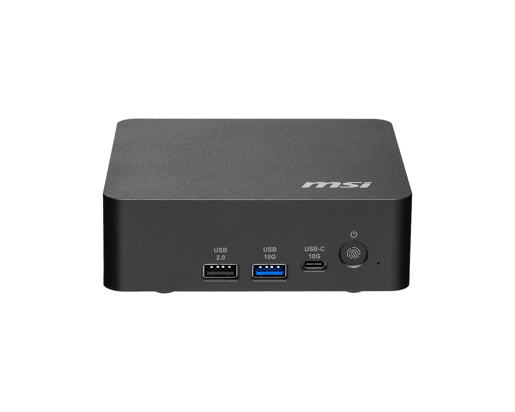 Mini PC MSI nero con porte USB, USB-C, pulsante di accensione e scanner impronte.