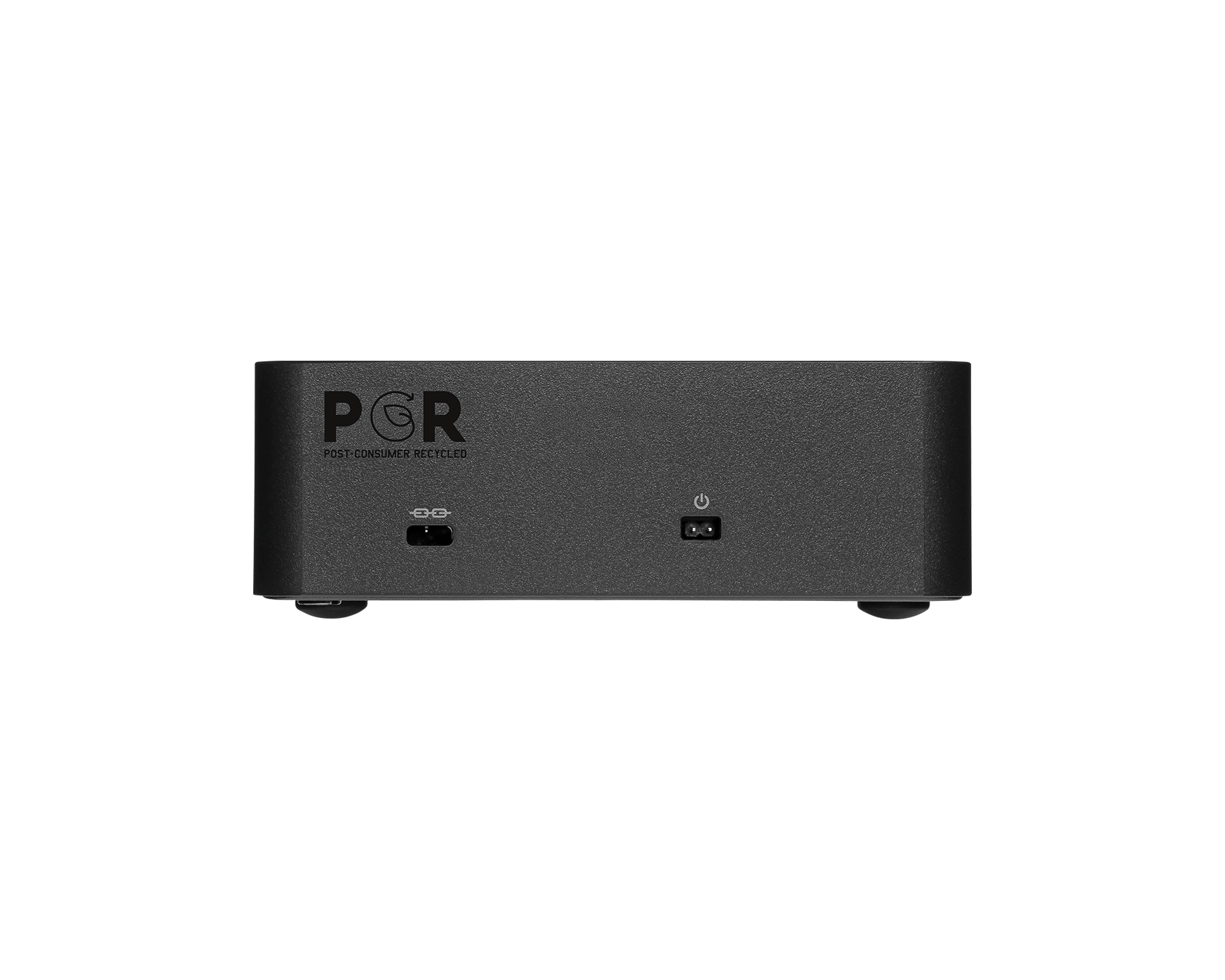 Dispositivo nero con porta USB-C e simbolo di accensione.