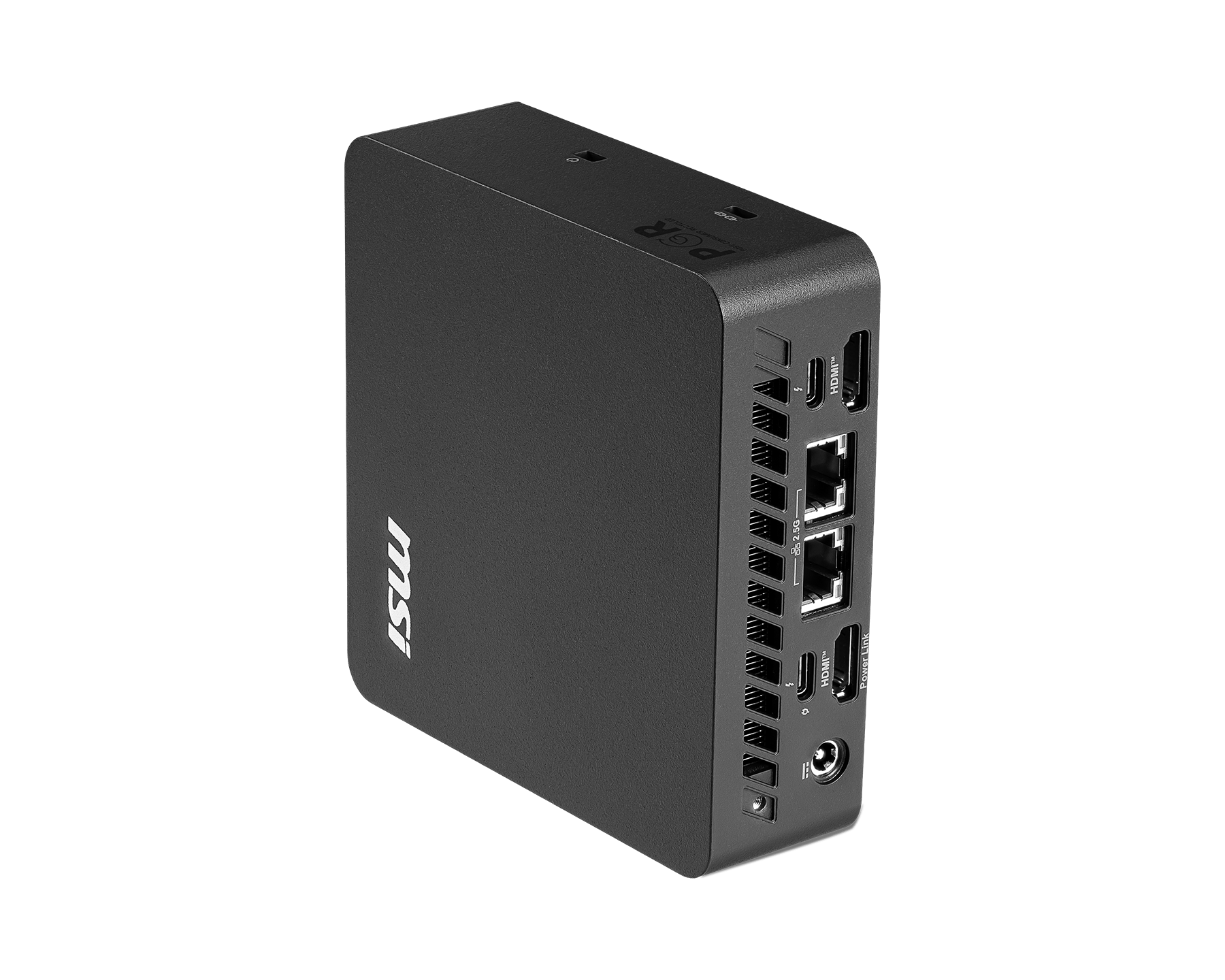Un mini PC MSI nero con porte HDMI, Ethernet e ingresso di alimentazione.