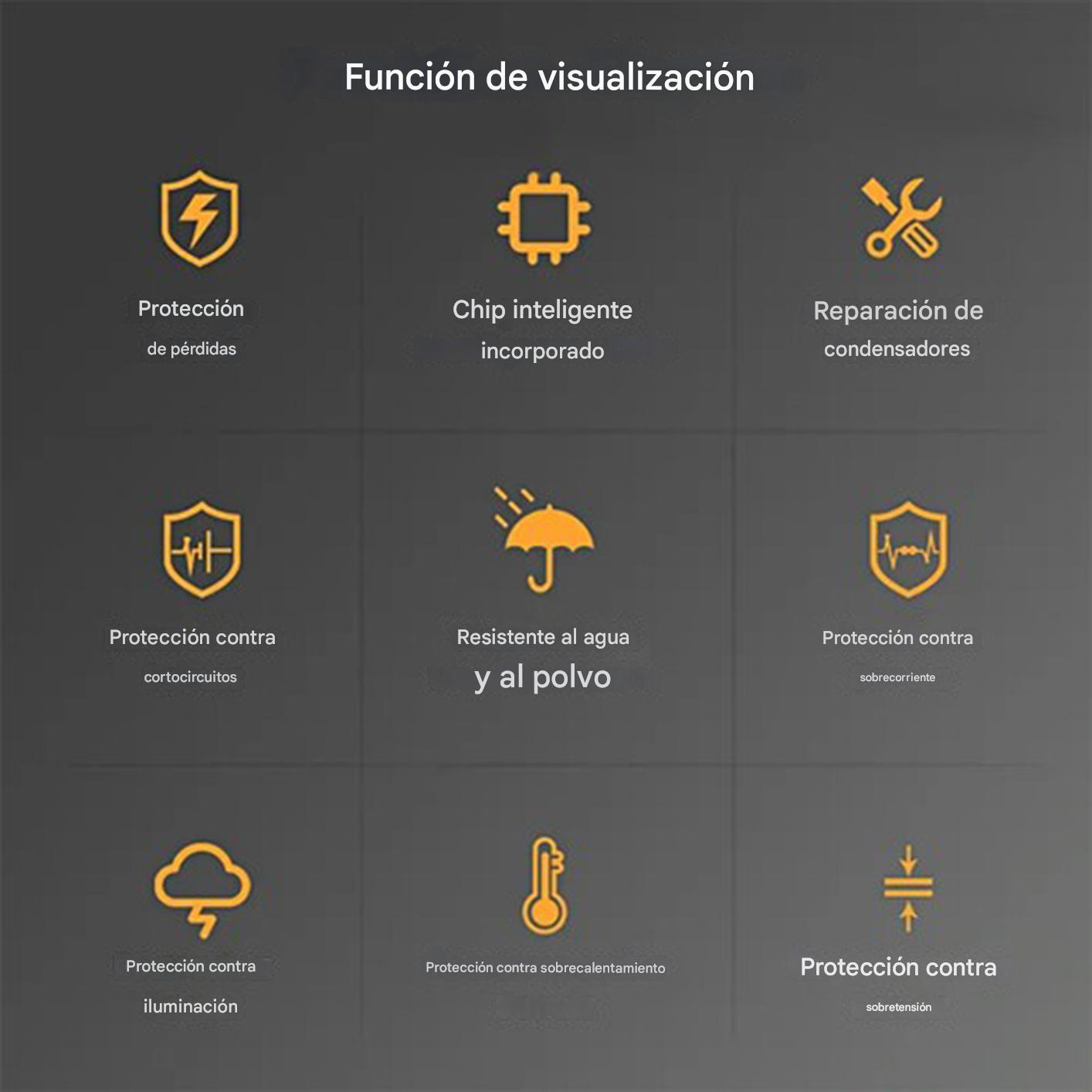 Iconos: Escudo con rayo (protección contra pérdidas), chip (chip inteligente), llave (reparación de condensadores).