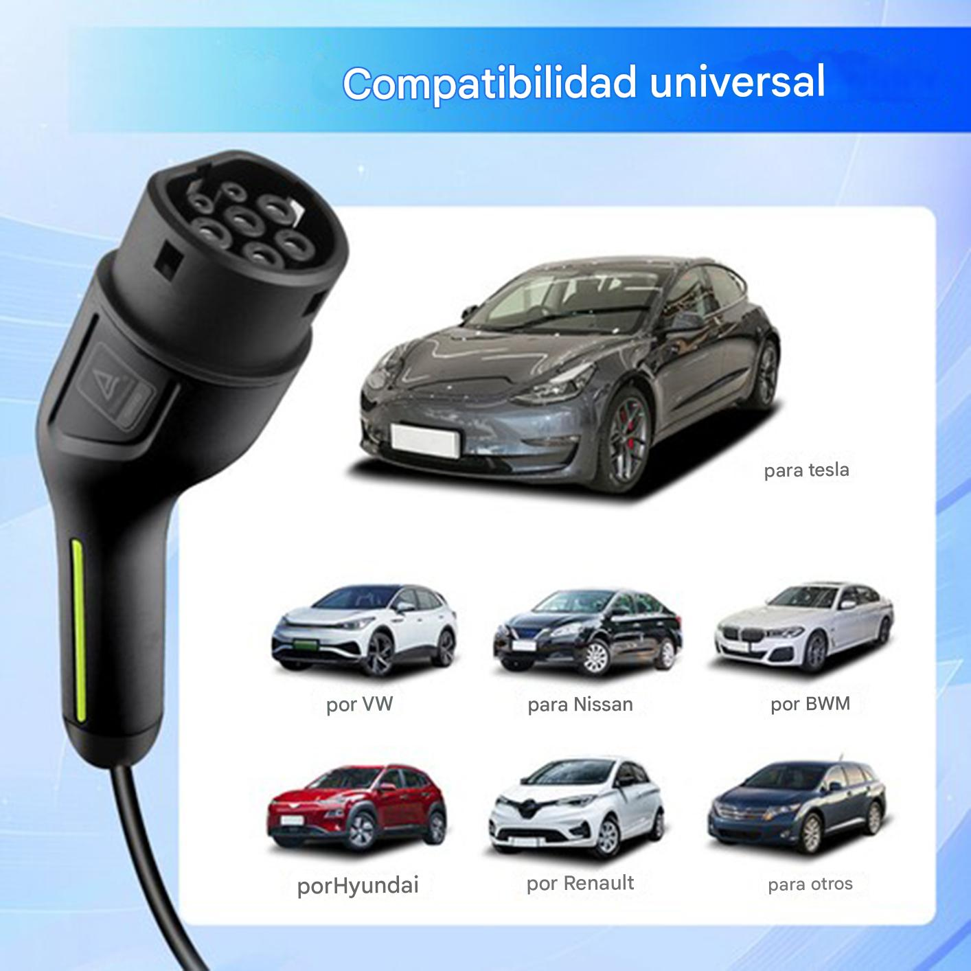 Enchufe de carga y coches eléctricos de marcas: Tesla, VW, Nissan, BMW.