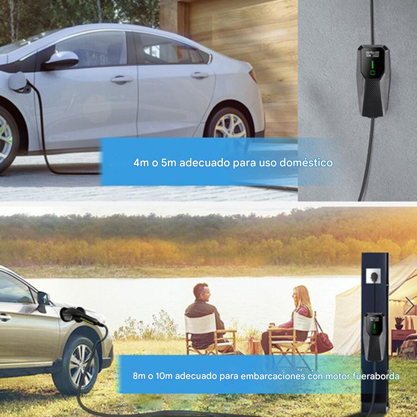 Un coche eléctrico plateado se está cargando en casa.