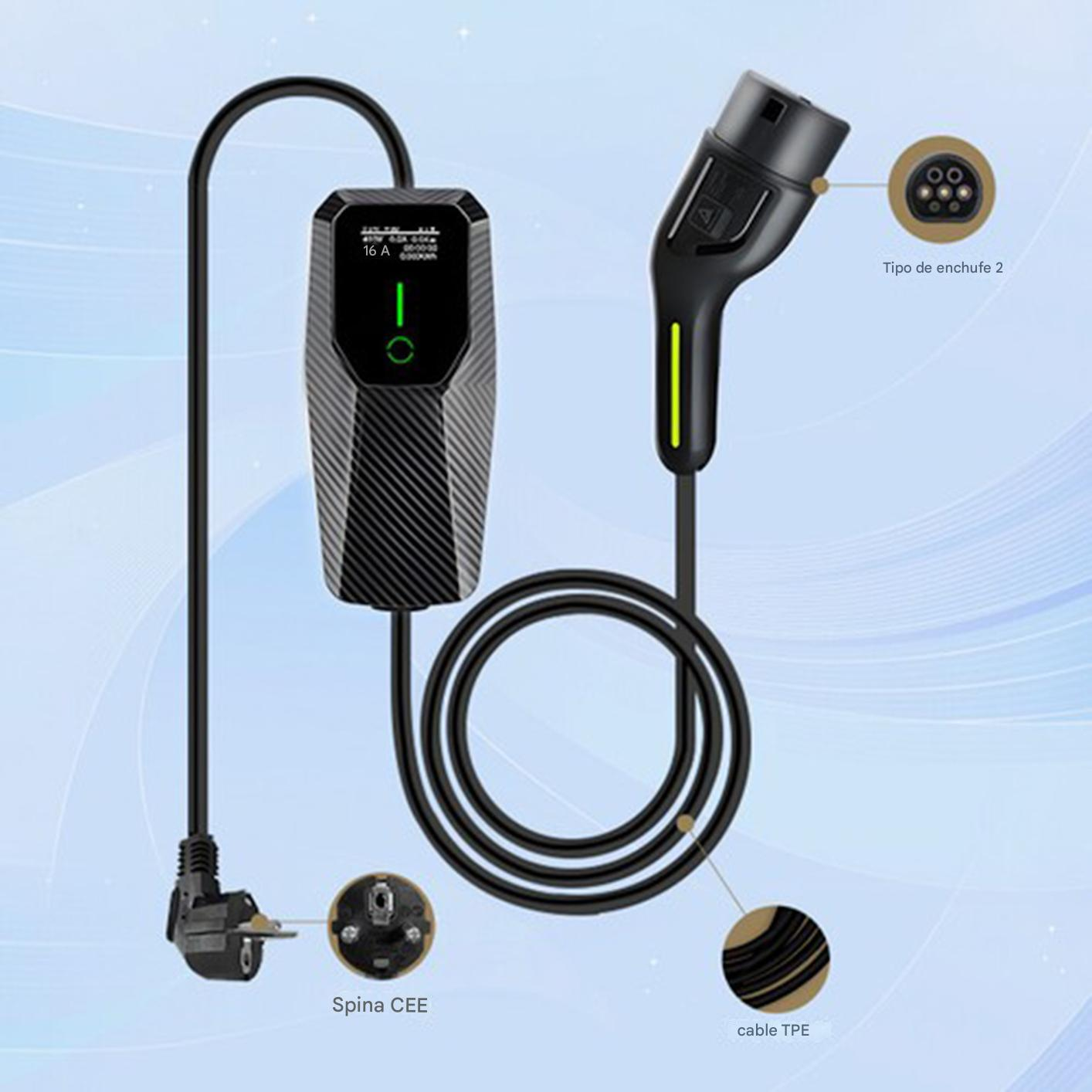 Cargador de coche eléctrico negro con enchufe CEE, enchufe Tipo 2 y cable TPE.