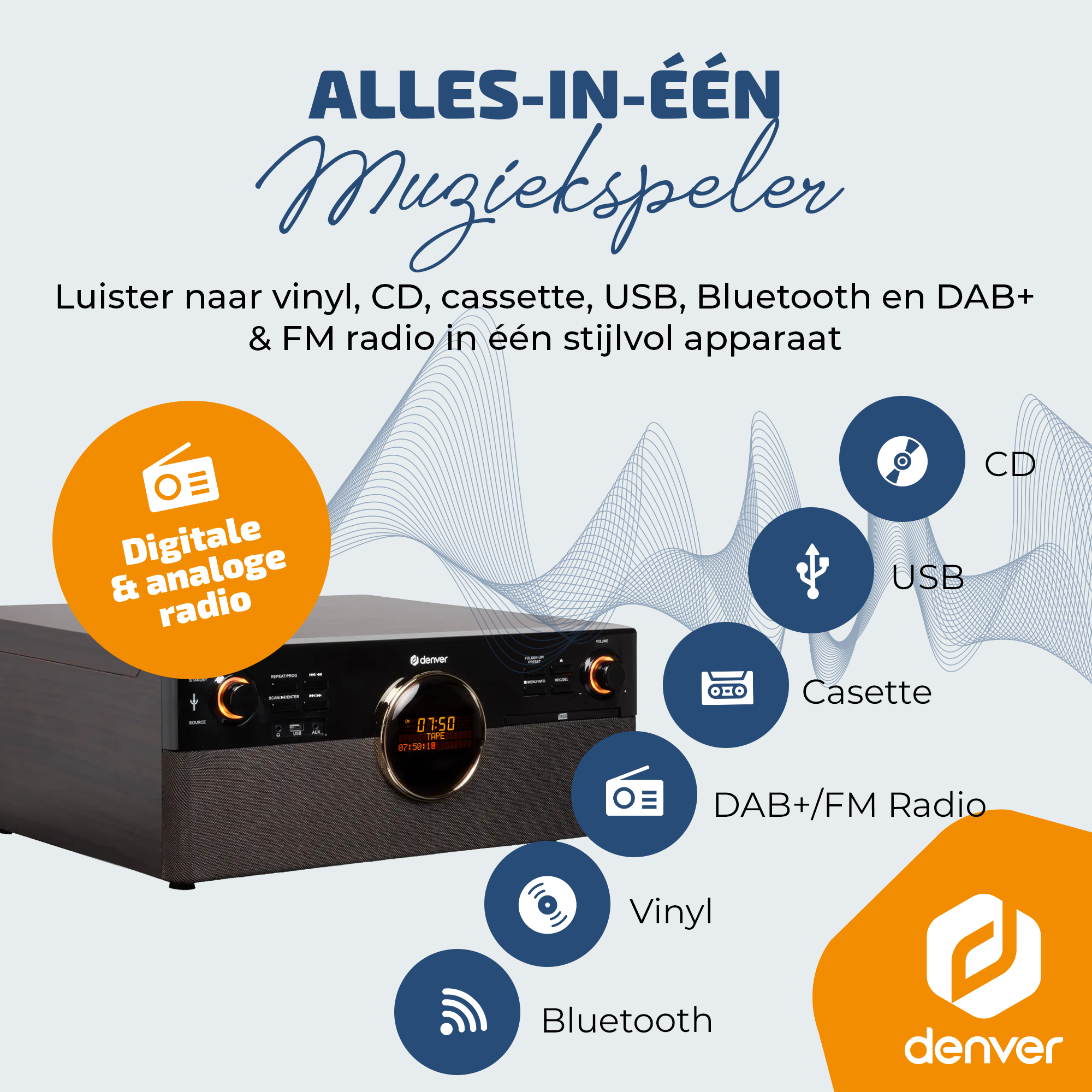 Een stereo-installatie met vinyl, CD, cassette, USB, Bluetooth en DAB+/FM radio.