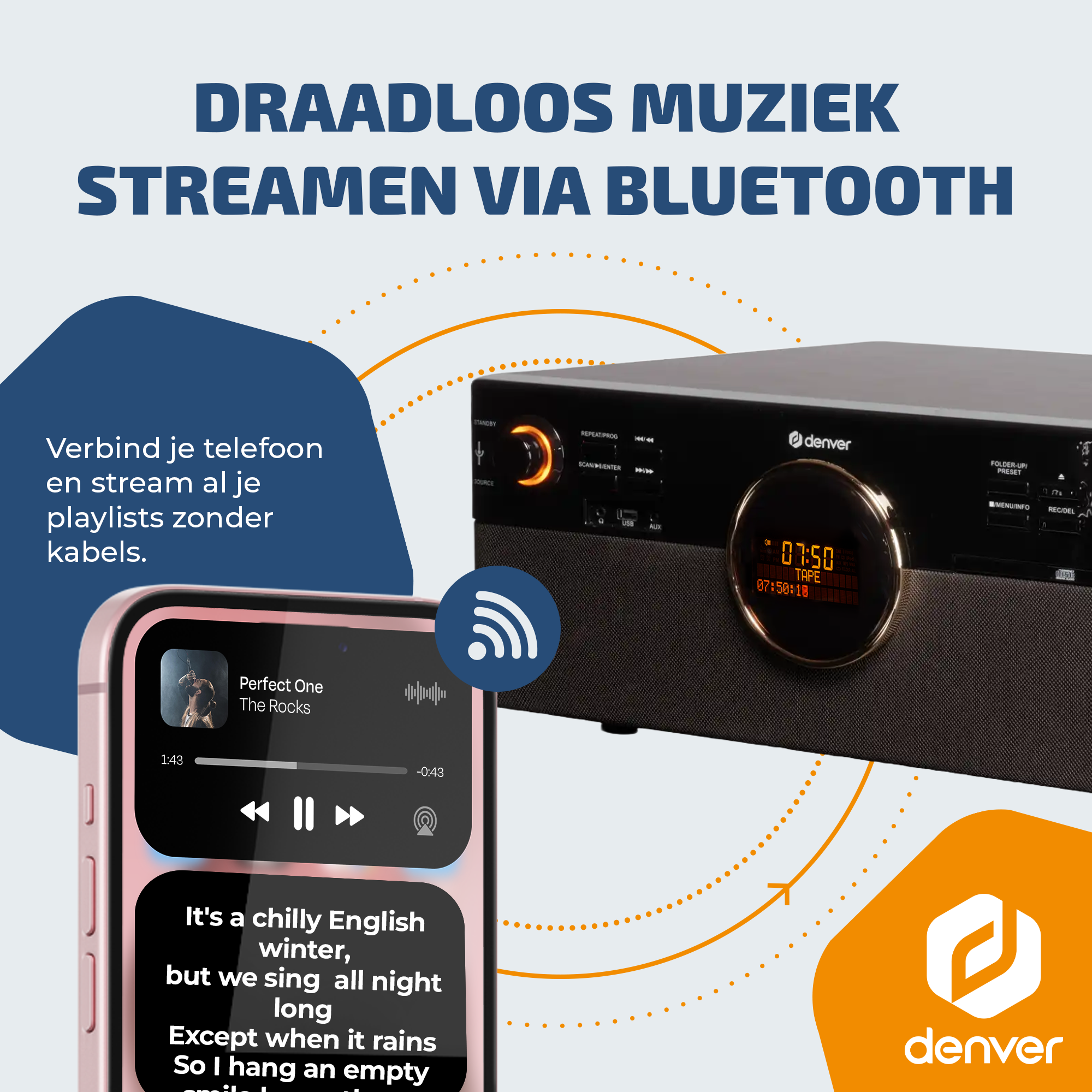 Een smartphone toont een muziekapp naast een stereo met Bluetooth-symbool.